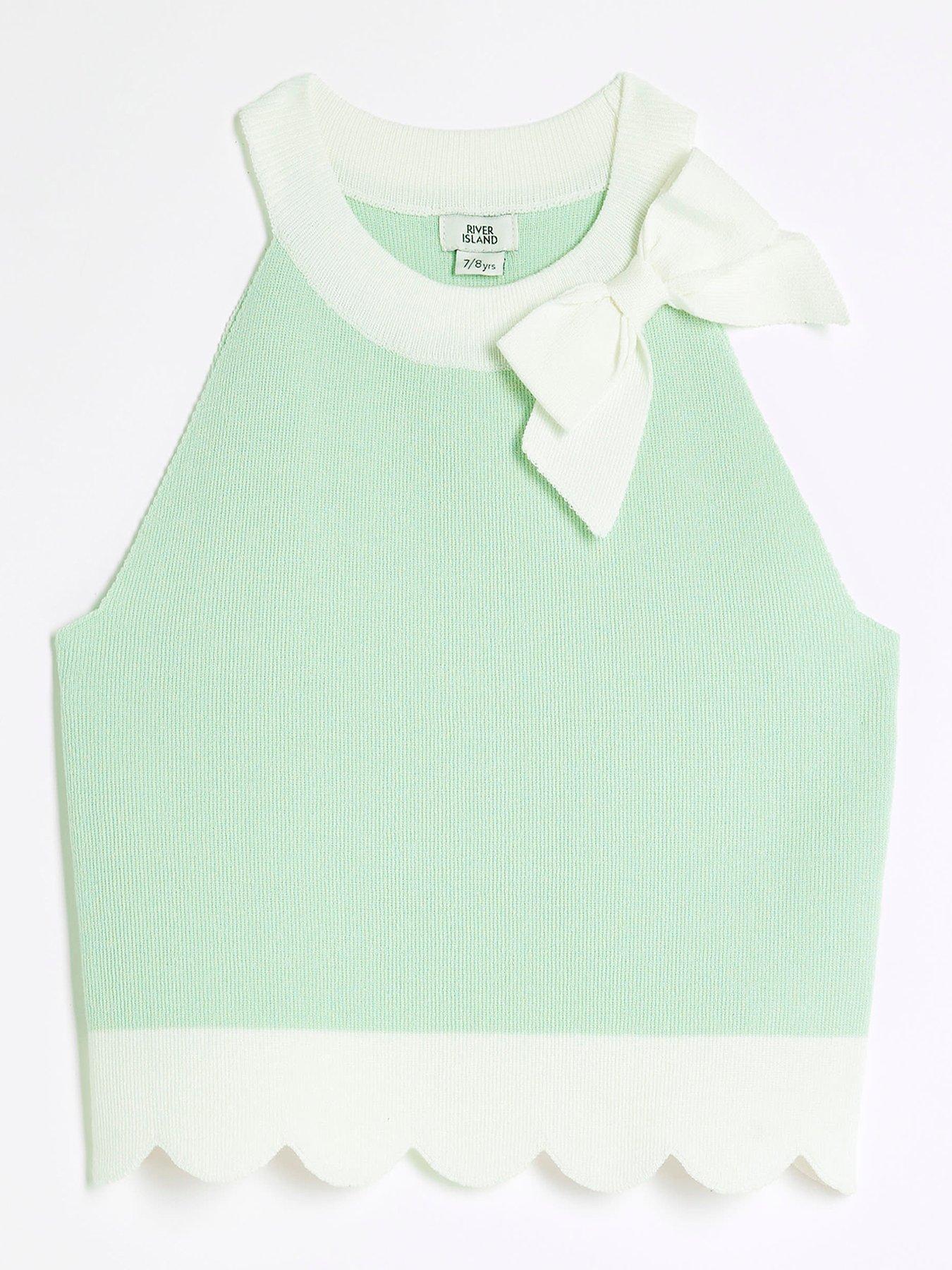 undefined Older Girls Bow Detail Scallop Hem Top - Green