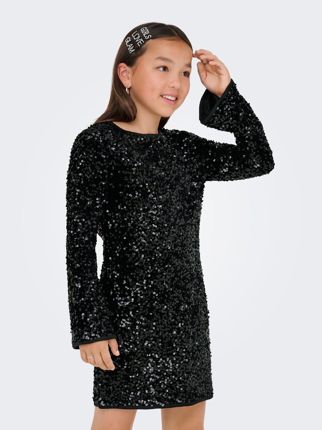 Image 3 of 5 of Only Kids Girls Long Sleeve Sequin Dress - Black