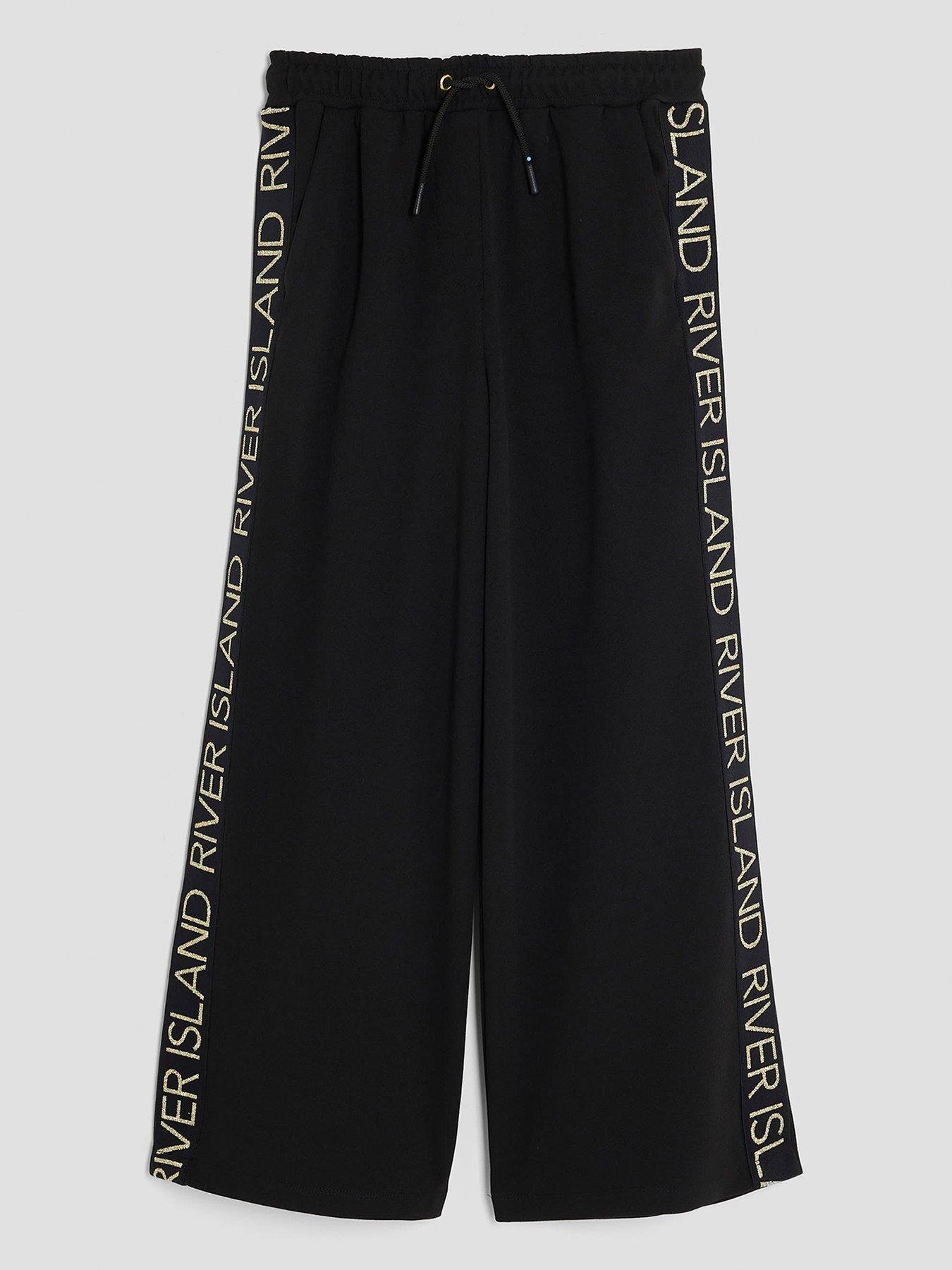 undefined Older Girls Side Tape Logo Wide Leg Trousers - Black