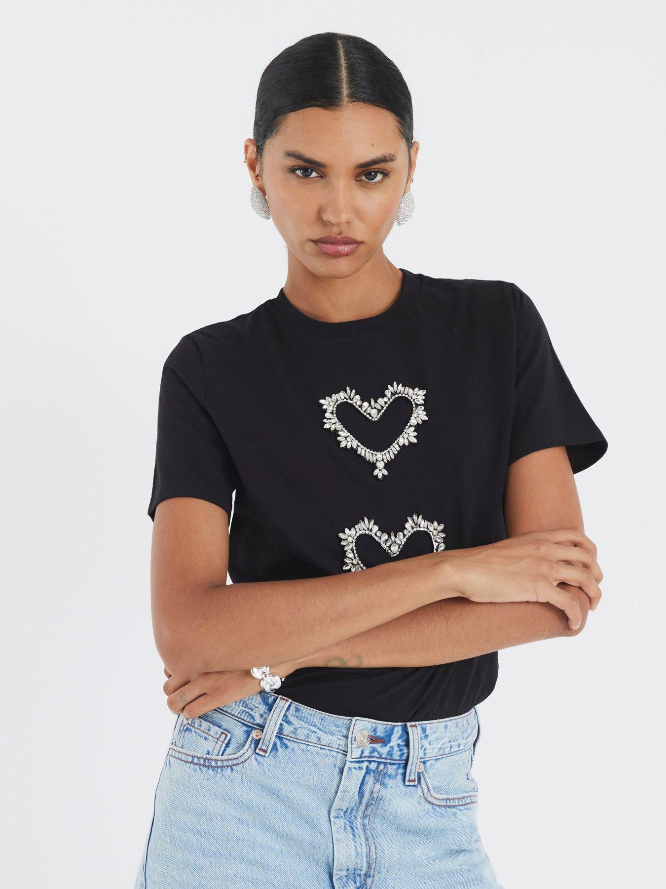 undefined Short Sleeve Heart Diamante T-Shirt - Black