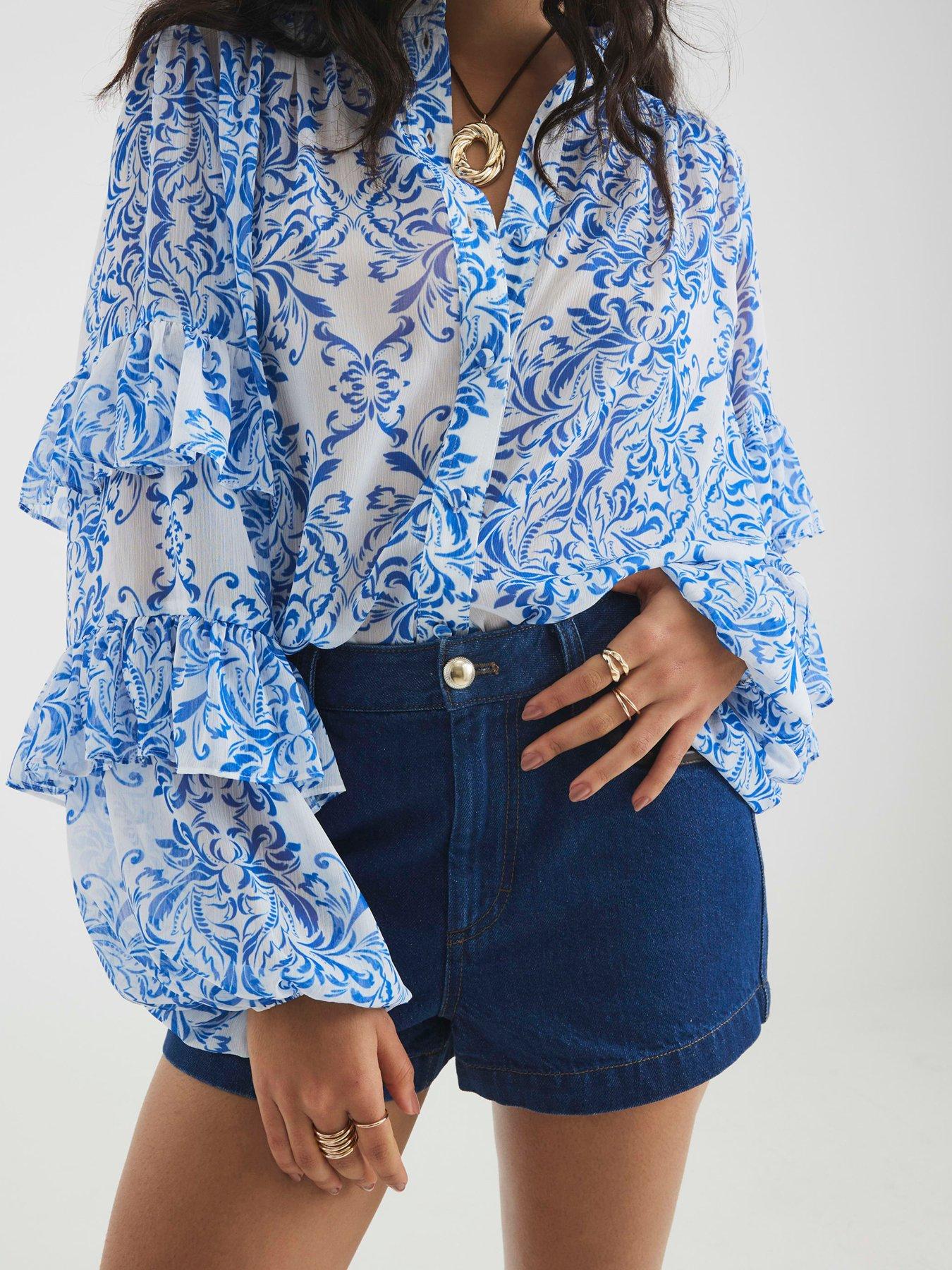 undefined Femme Ruffle Sleeve Blouse - Blue