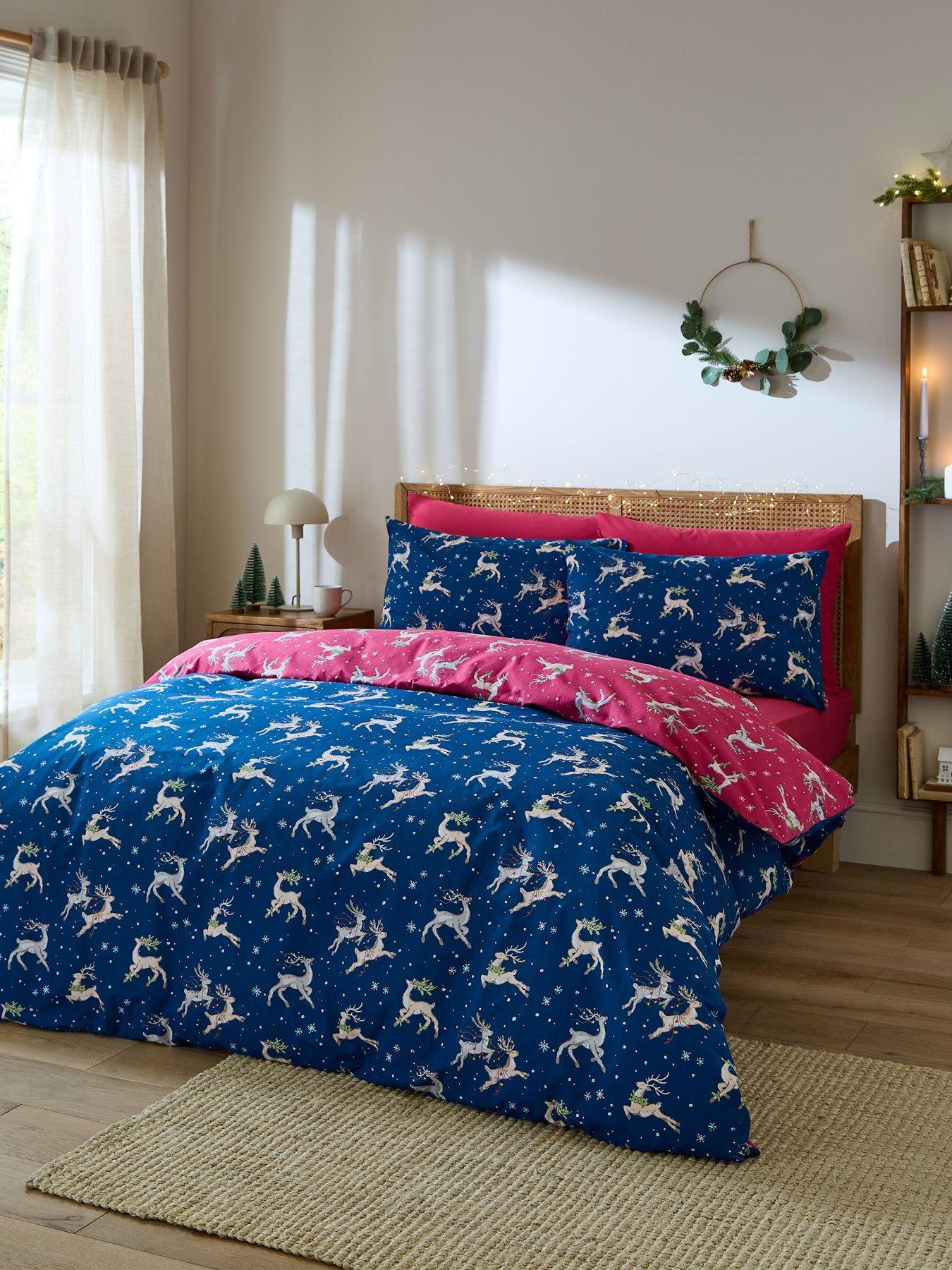 undefined Christmas Reindeer 100% Cotton Reversible Duvet Set Blue