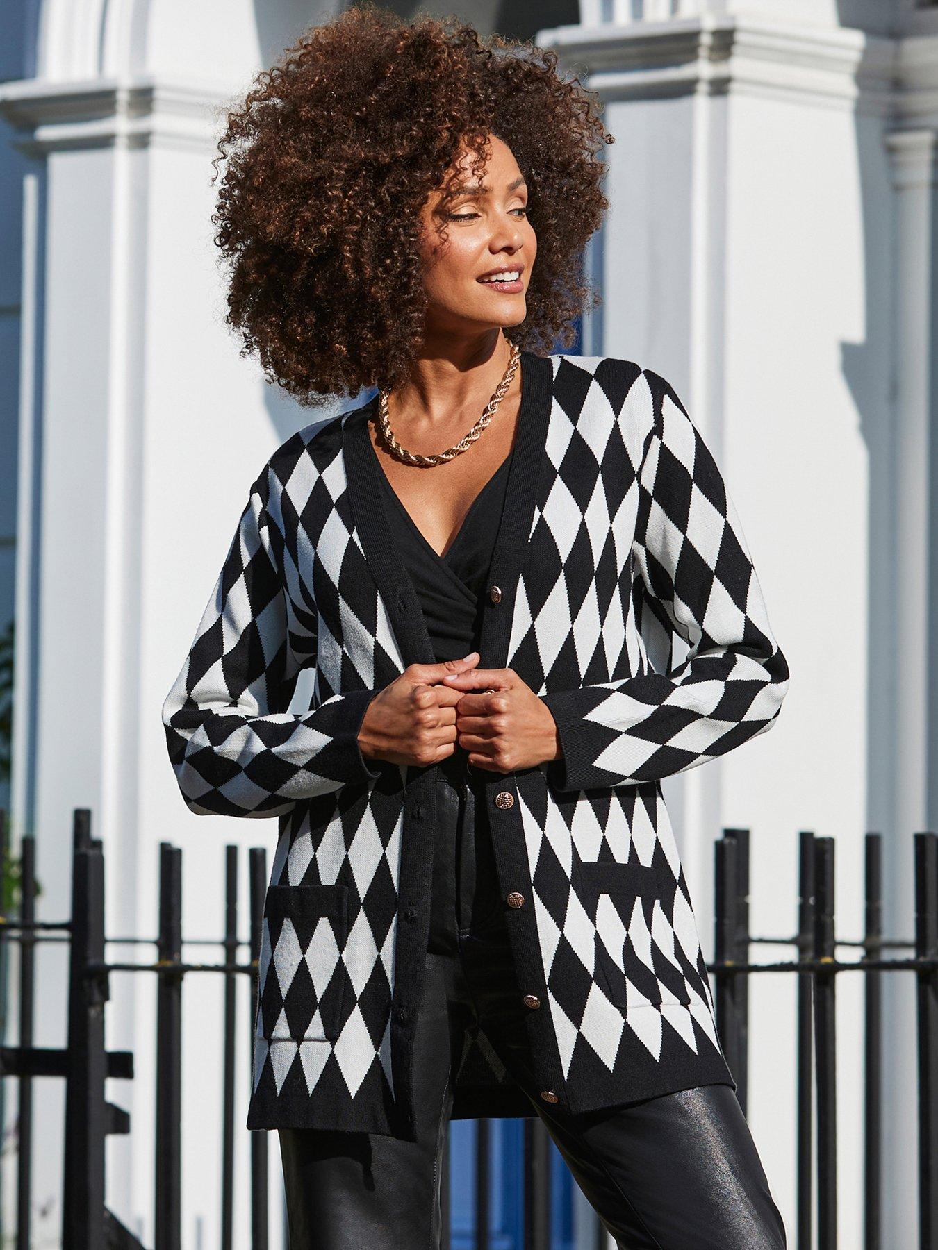 undefined Ivory Argyle Cardigan - Black