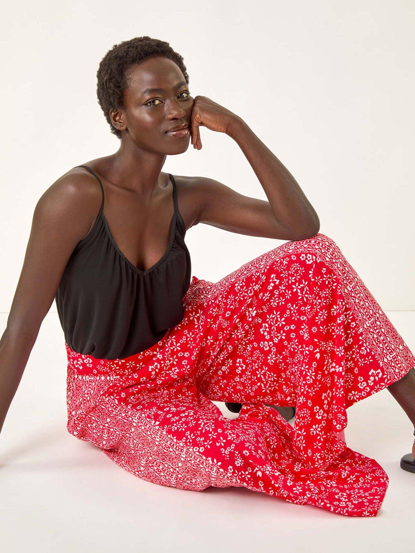 Image 4 of 5 of Roman Floral Border Panel Culotte Trousers - Red
