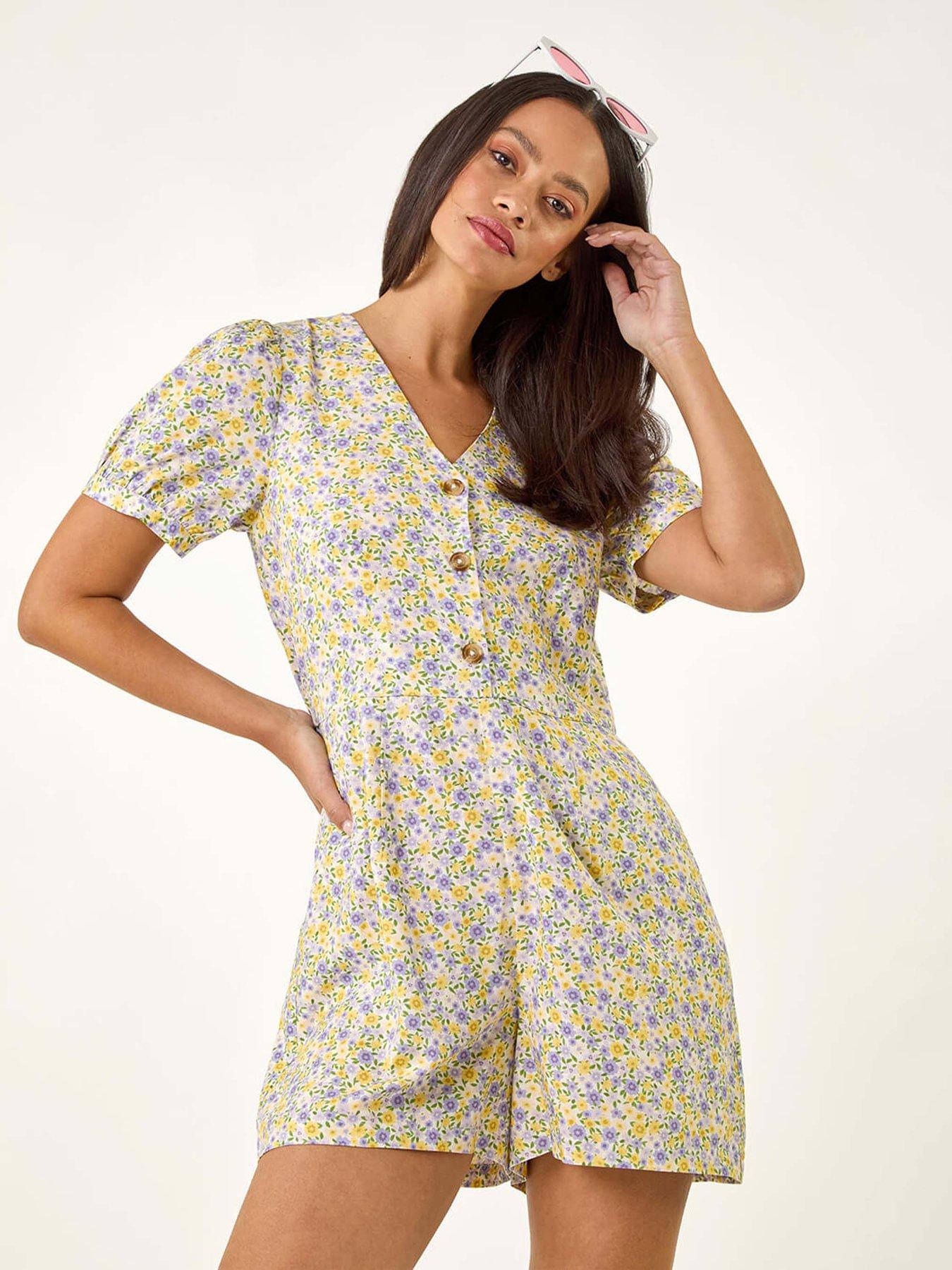 Roman Dusk Ditsy Floral Buttoned Playsuit - Yellow