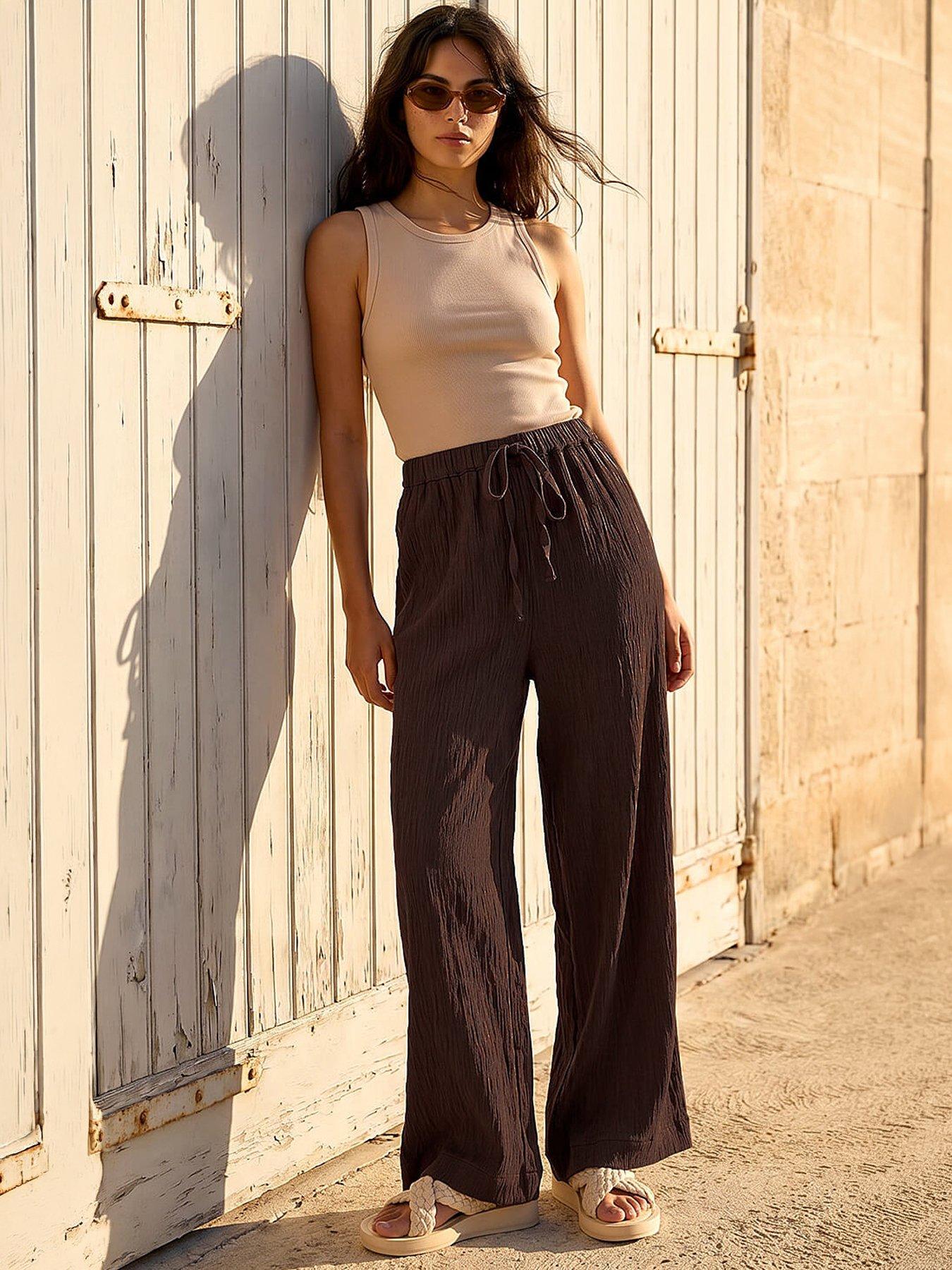Roman Dusk Textured Elastic Waist Trousers - Brown