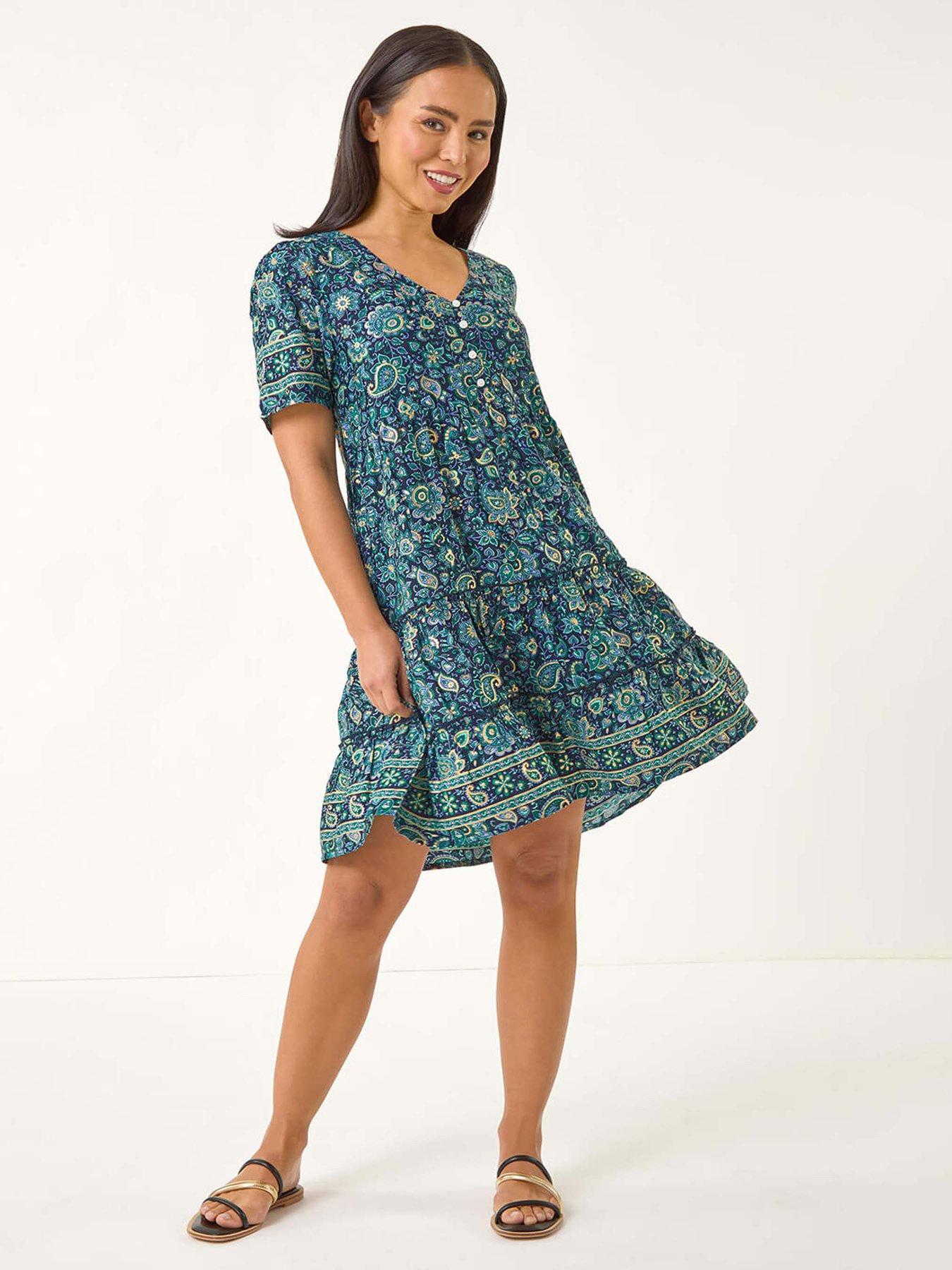 undefined Petite Paisley Print Tiered Dress - Blue