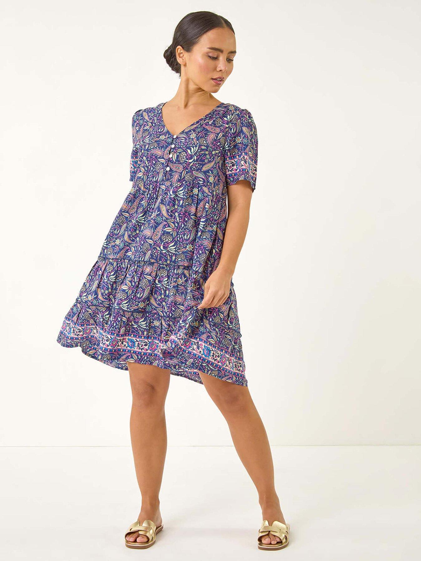 undefined Petite Floral Paisley Tiered Dress - Navy