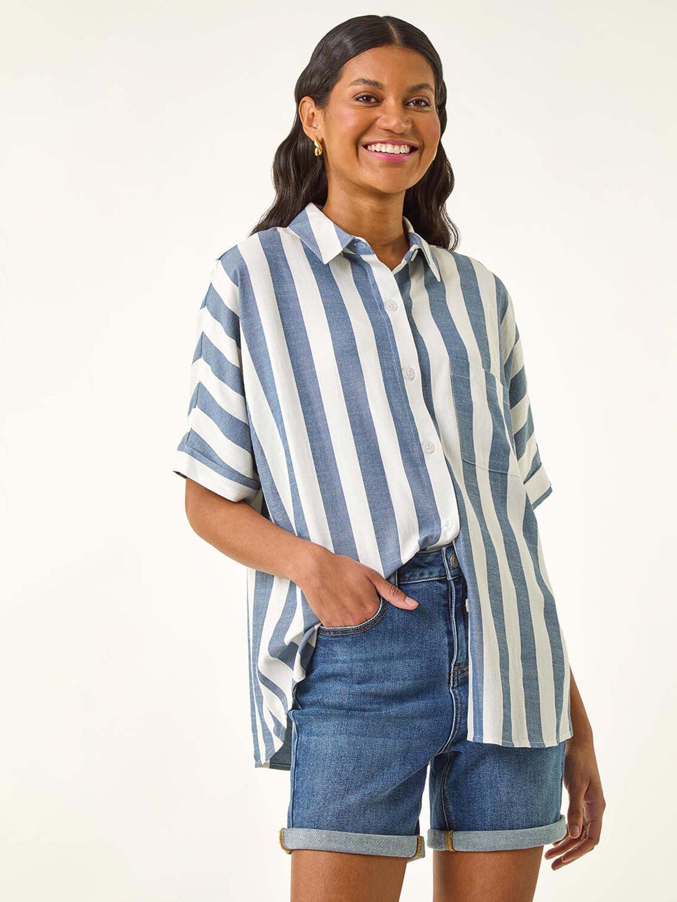 undefined Stripe Print Button Detail Shirt  - Light Blue