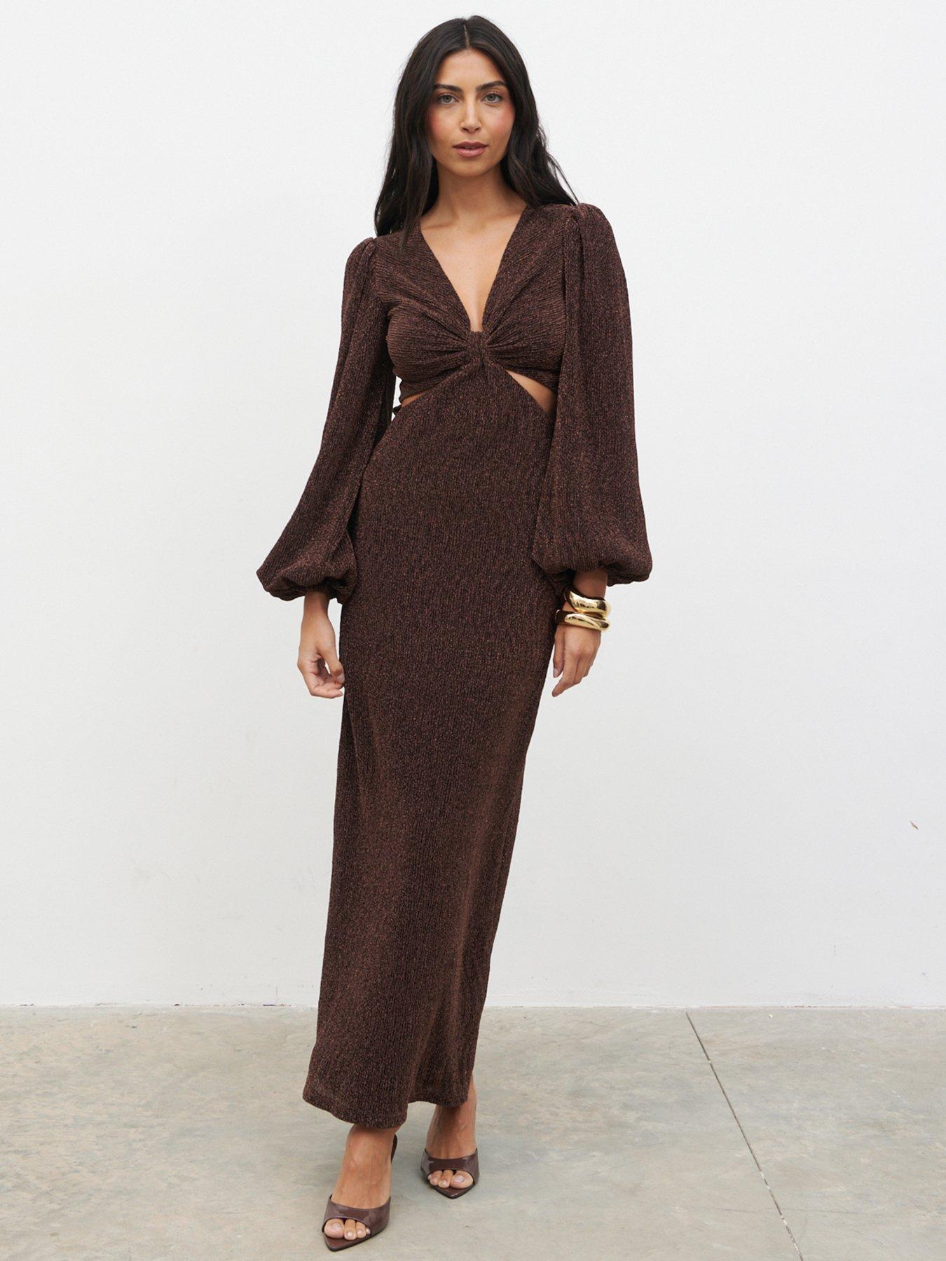 Pretty Lavish Zaya Lurex Metallic Maxi Dress - Brown