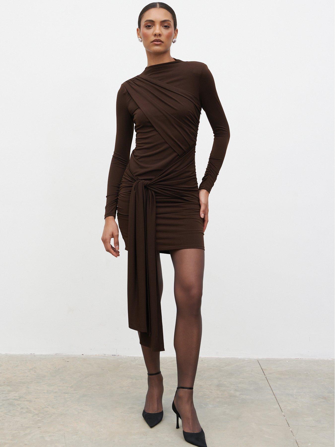 Image 1 of 3 of Pretty Lavish Raya Mini Drape Jersey Dress - Brown