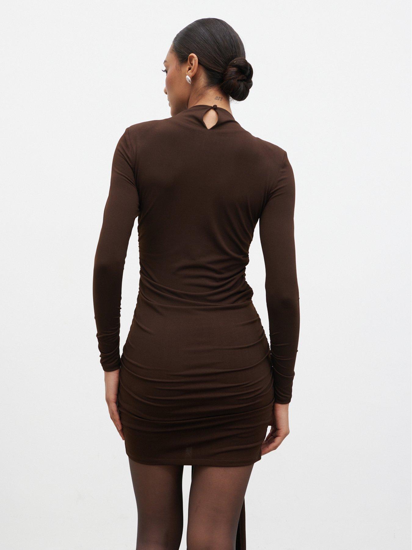 Image 2 of 3 of Pretty Lavish Raya Mini Drape Jersey Dress - Brown