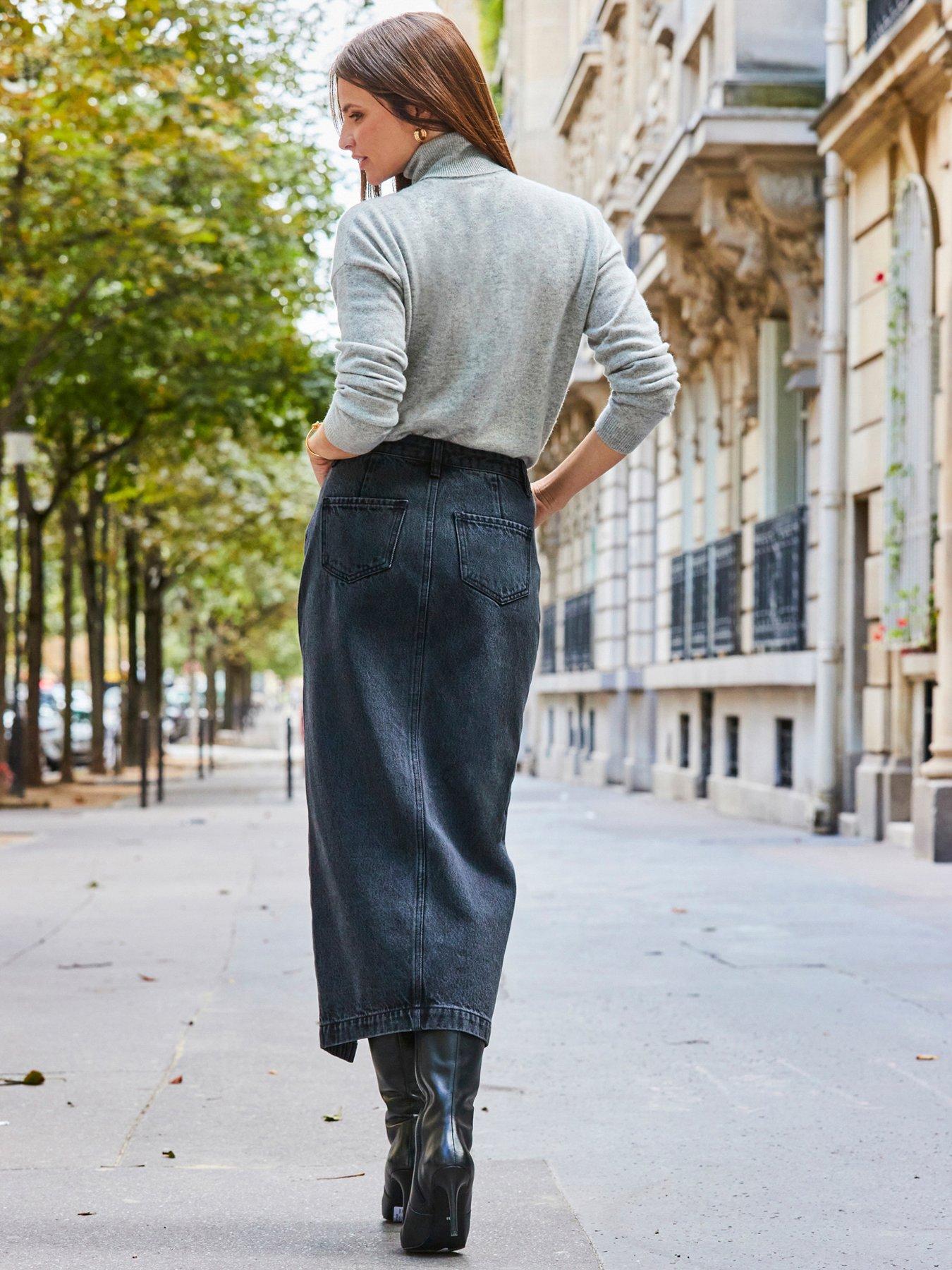 Image 2 of 5 of Sosandar Charcoal Grey Longline Denim Midi Skirt