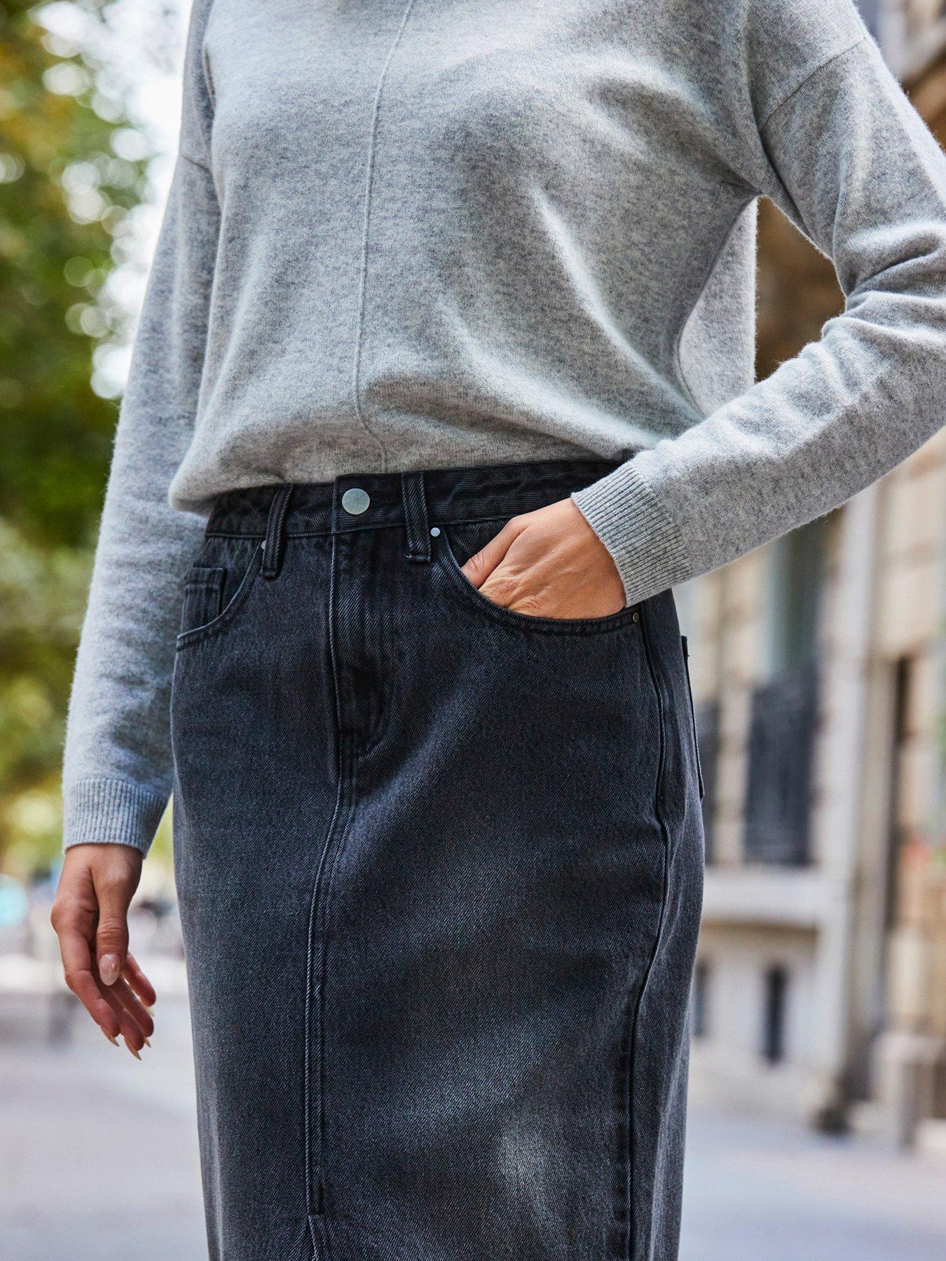 Image 4 of 5 of Sosandar Charcoal Grey Longline Denim Midi Skirt