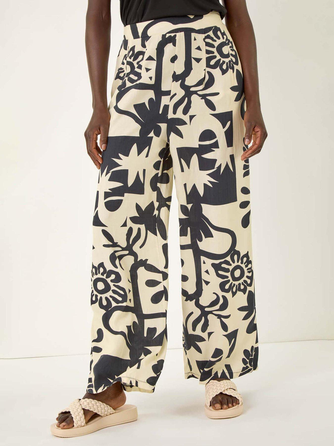 undefined Contrast Print Wide Leg Trouser - Ivory