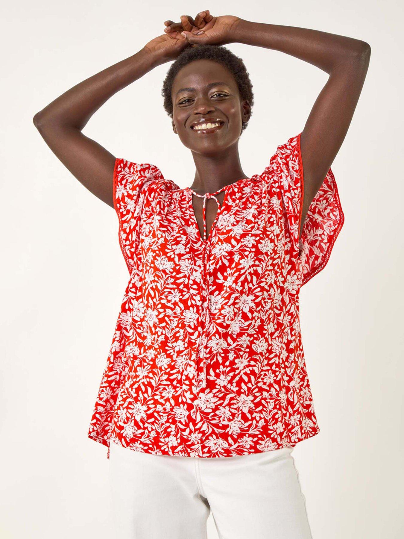 undefined Floral Print Frill Sleeve Tie Top - Red