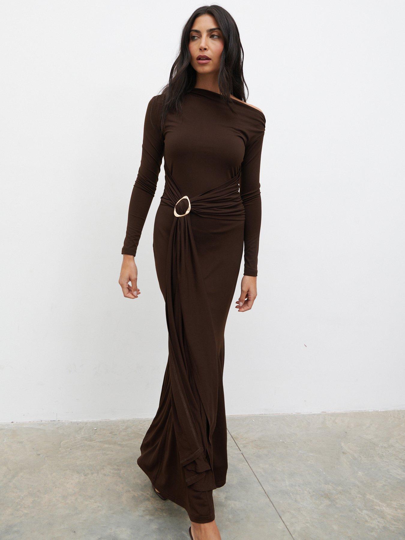 Pretty Lavish Yarelia Ruched Trim Jersey Maxi Dress - Brown