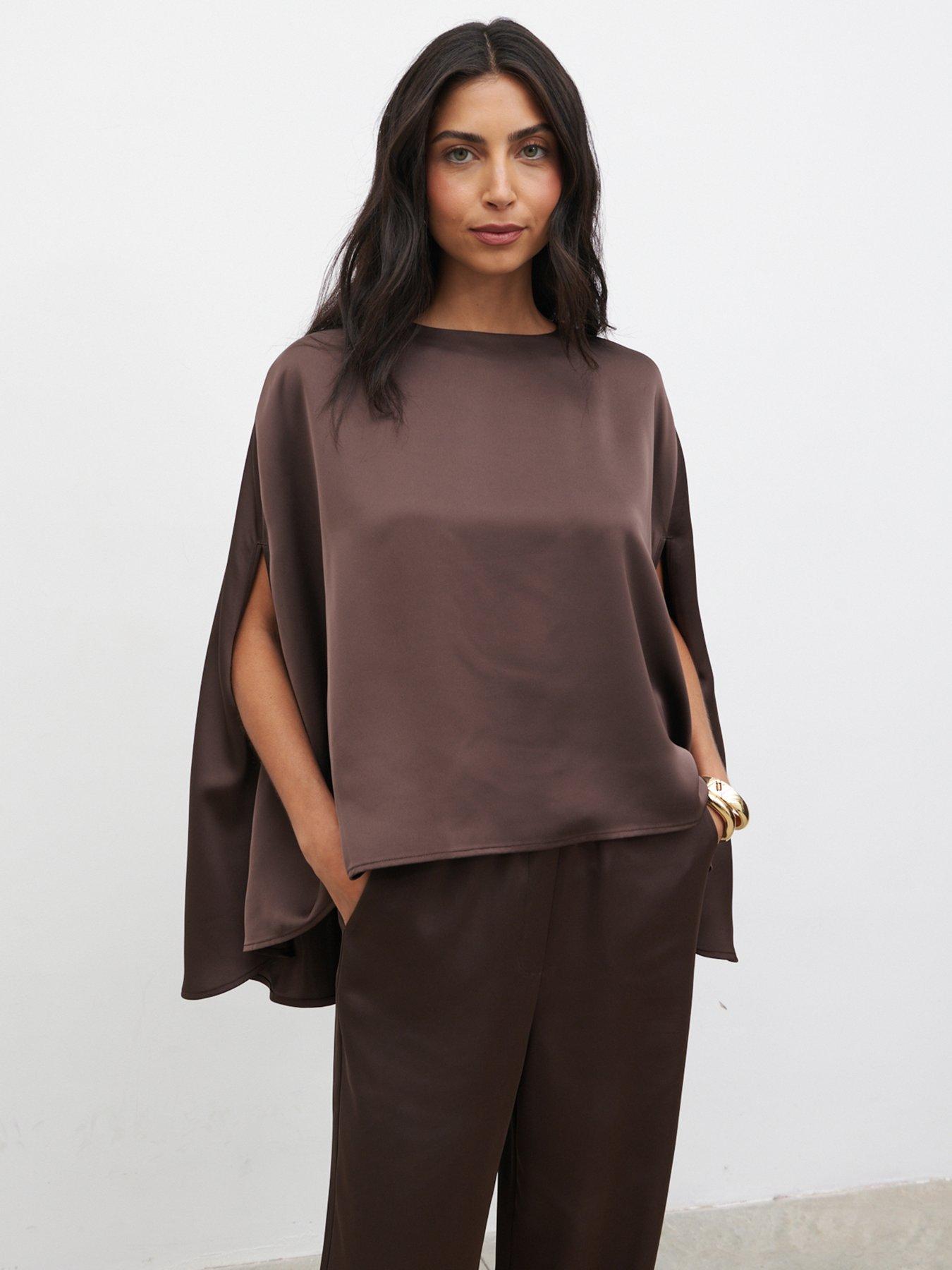 Image 1 of 4 of Pretty Lavish Breya Cape Floaty Satin Top - Brown