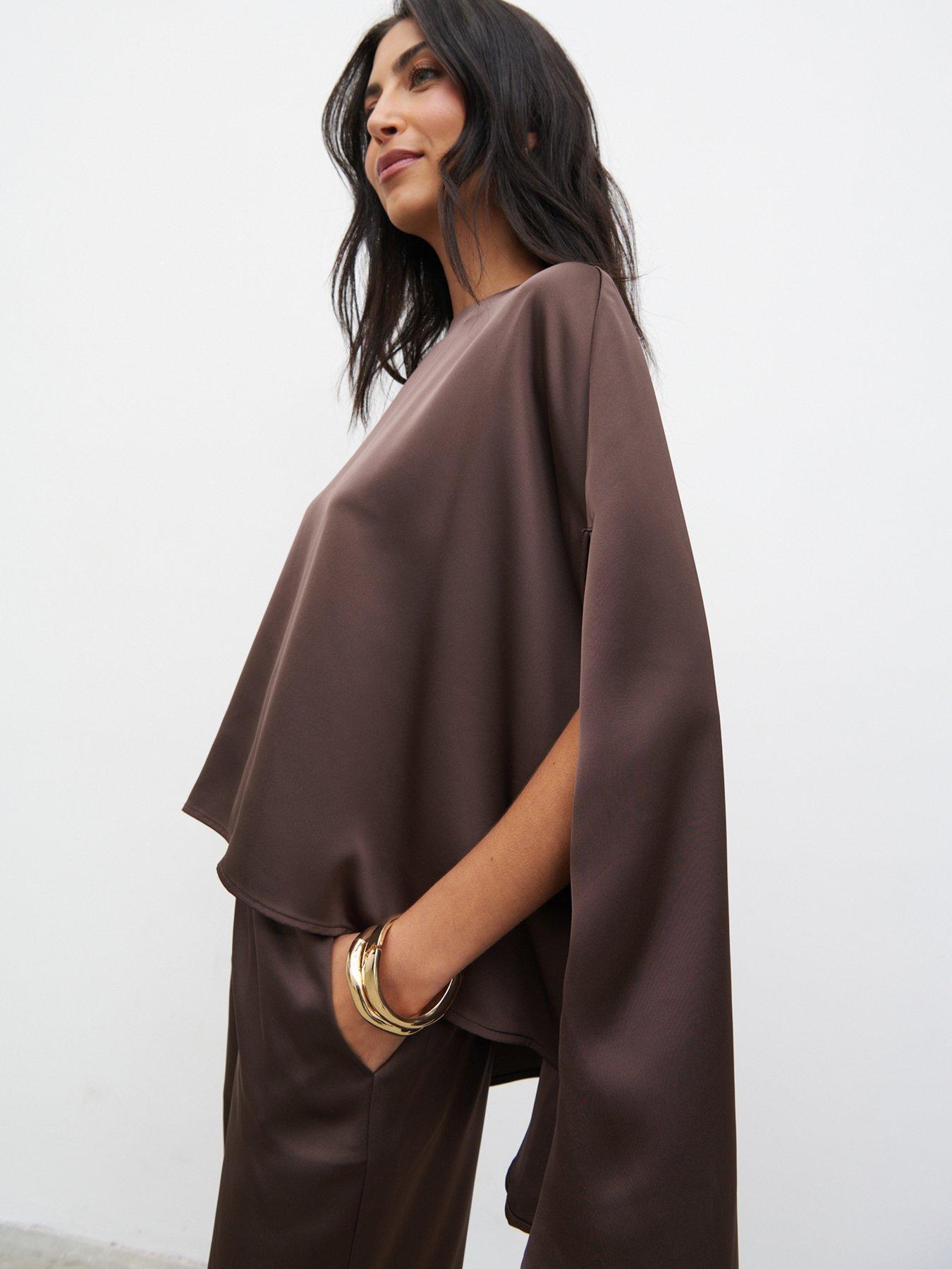 Image 3 of 4 of Pretty Lavish Breya Cape Floaty Satin Top - Brown