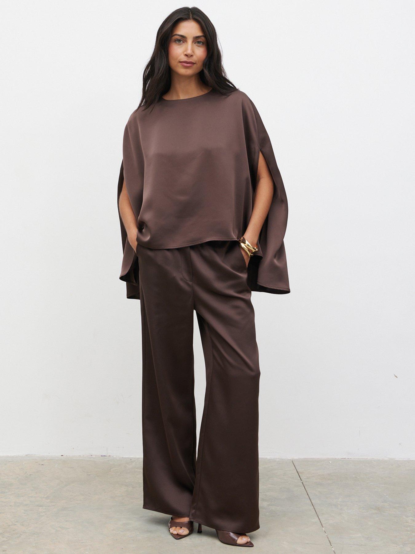 Image 4 of 4 of Pretty Lavish Breya Cape Floaty Satin Top - Brown