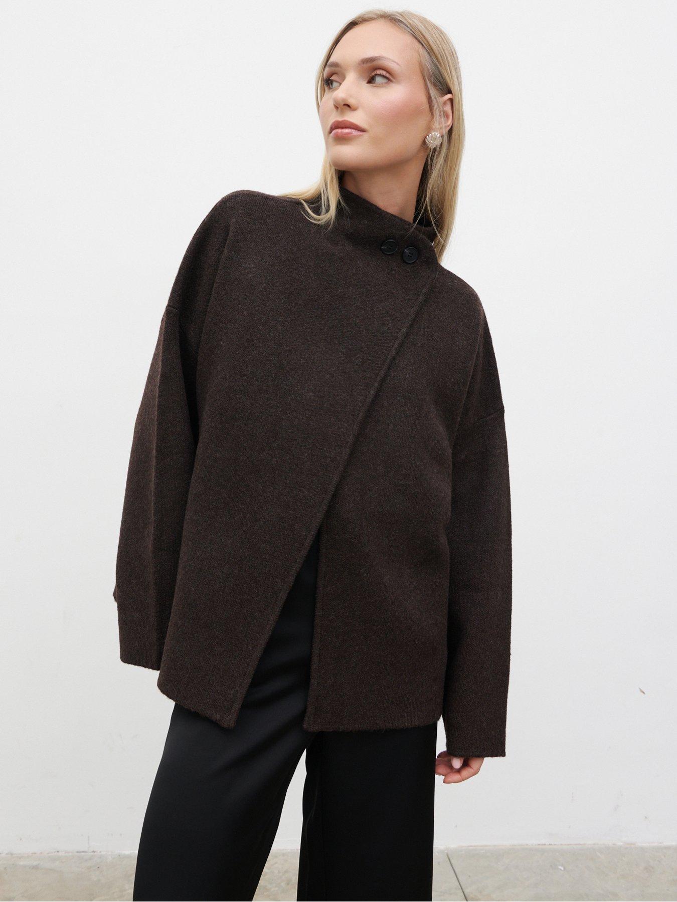 Pretty Lavish Sarlina Crossover Knit Cardigan With Button Neck - Brown