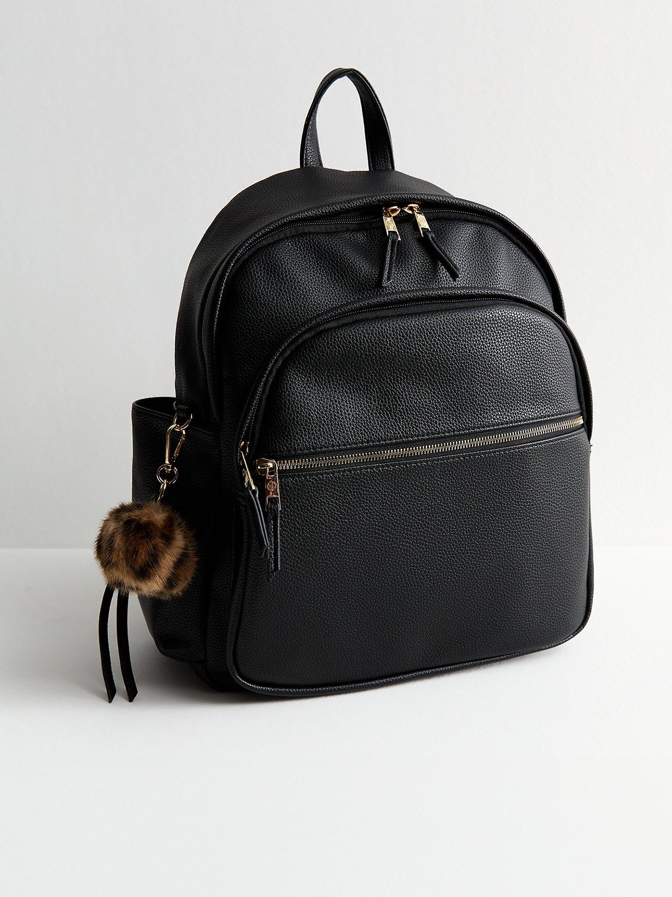 undefined Black Faux Leather Pom Pom Charm Backpack