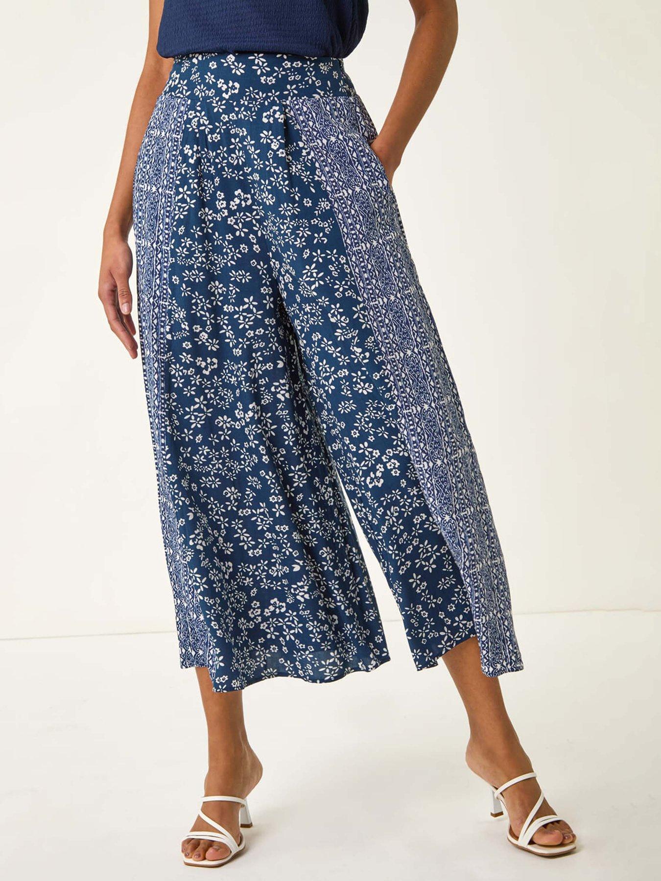 undefined Floral Print Wide Leg Culottes - Navy