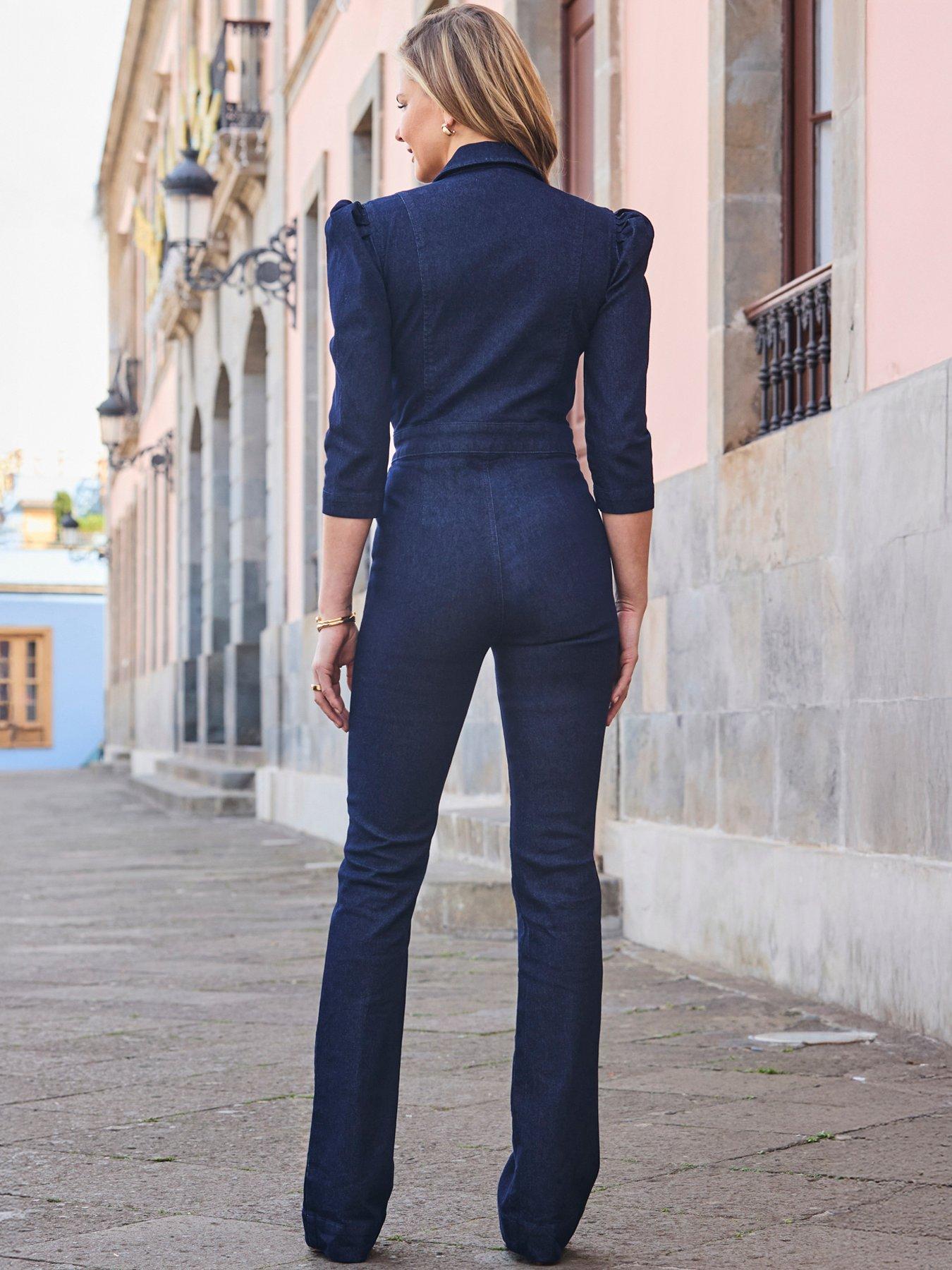 Image 2 of 5 of Sosandar Black-Blue Puff Sleeve Kickflare Jumpsuit With Gold Hardware - Natural
