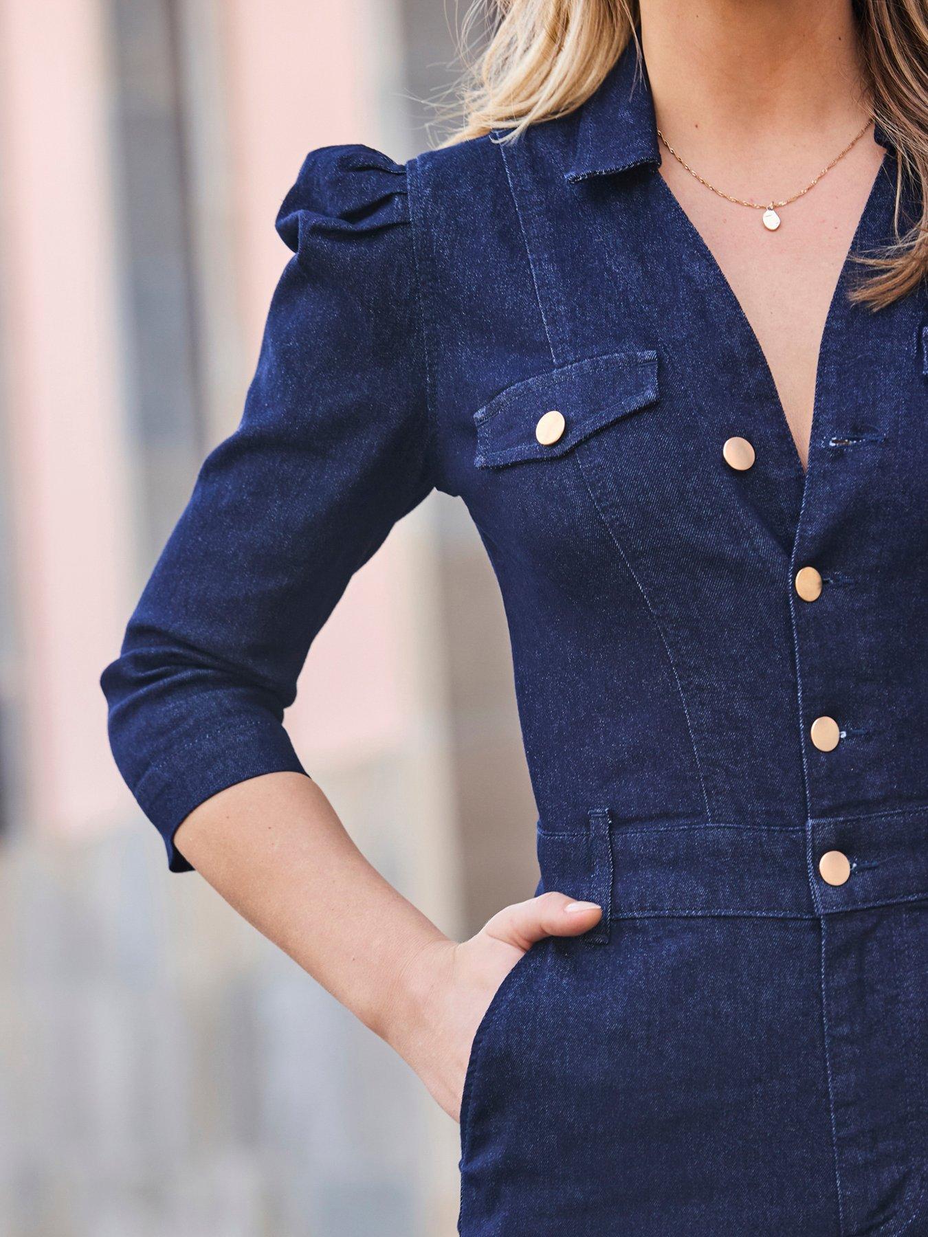Image 4 of 5 of Sosandar Black-Blue Puff Sleeve Kickflare Jumpsuit With Gold Hardware - Natural