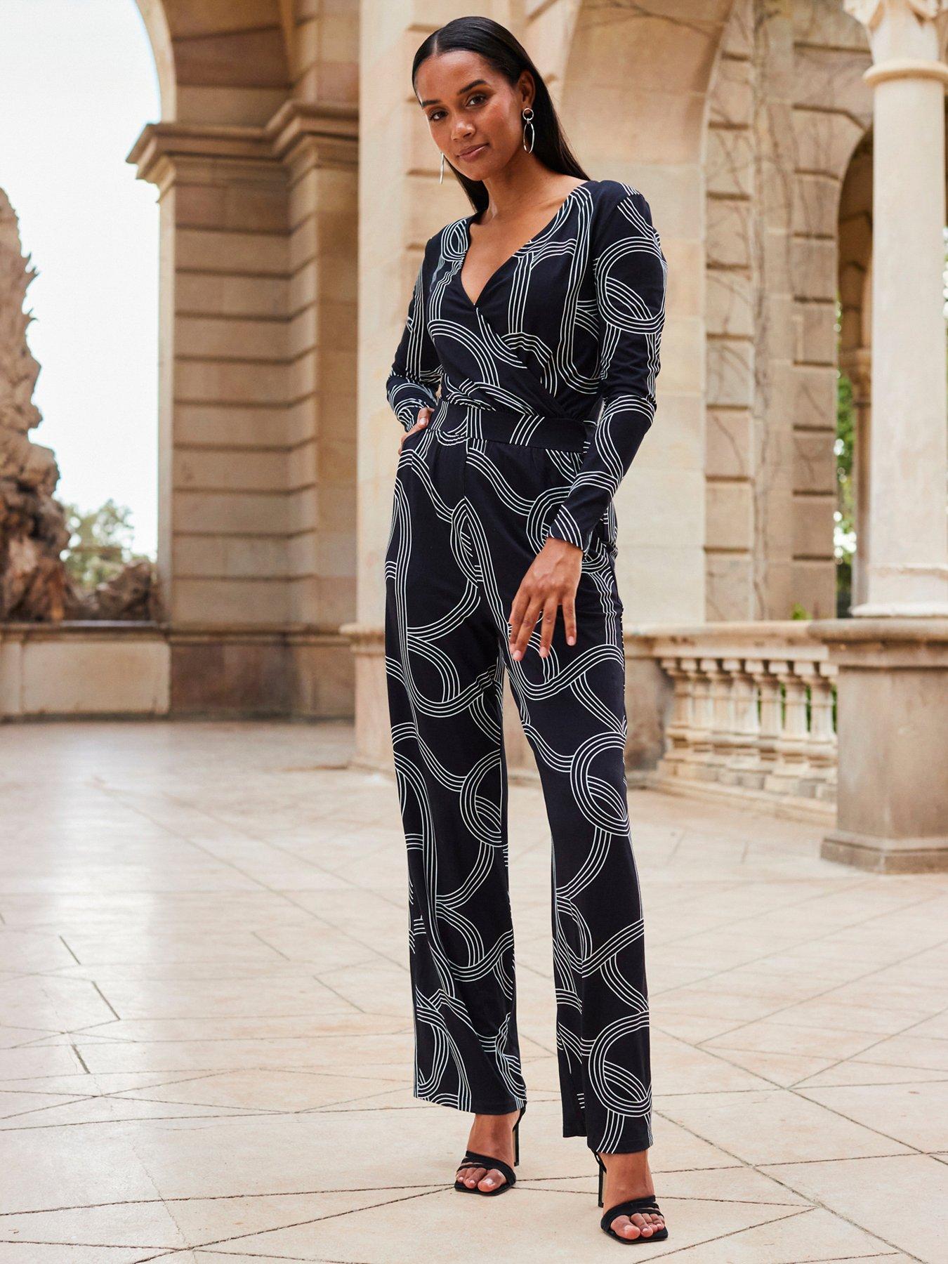 Image 1 of 6 of Sosandar Black Geometric Print Wrap Front Wide Leg Jumpsuit With Pockets