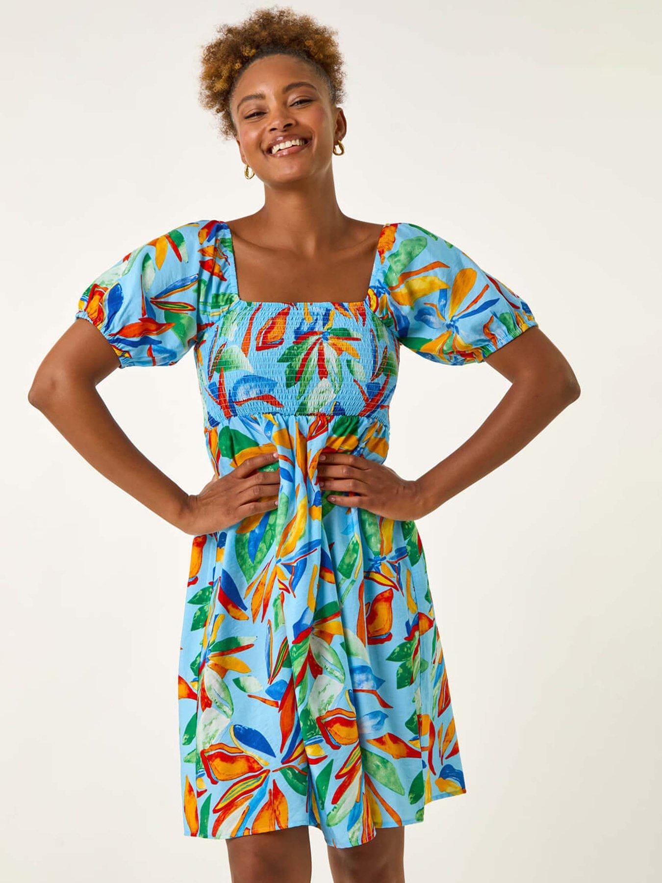 Image 1 of 5 of Roman Leaf Print Shirred Short Dress - Light Blue