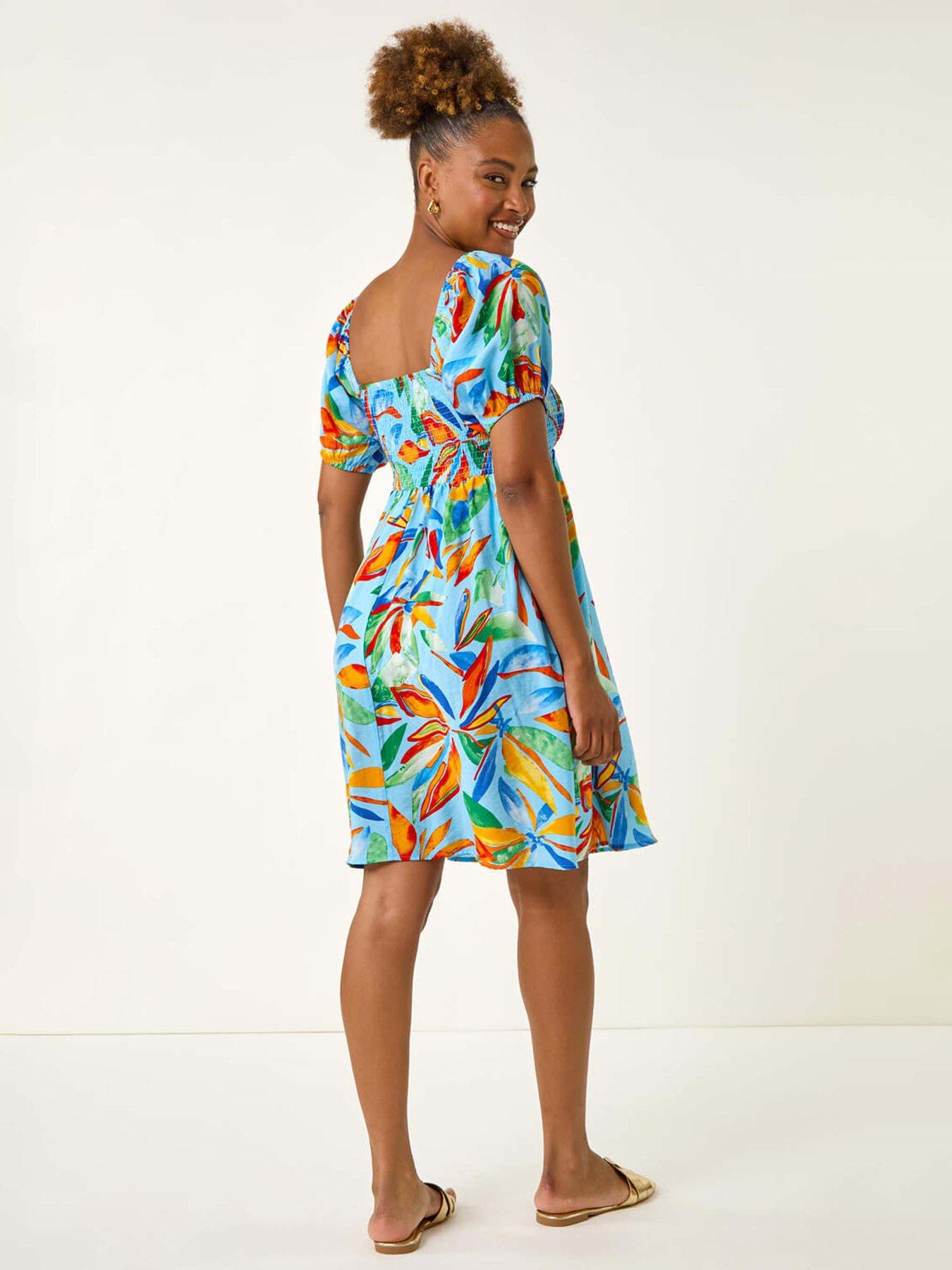 Image 2 of 5 of Roman Leaf Print Shirred Short Dress - Light Blue