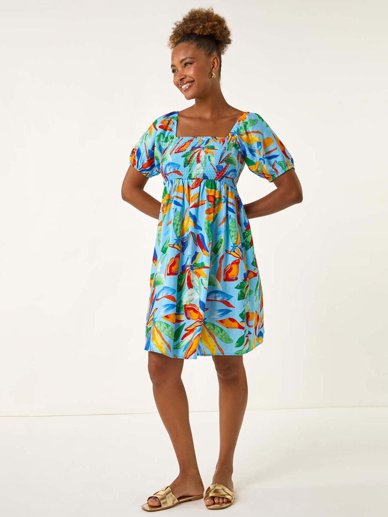 Image 3 of 5 of Roman Leaf Print Shirred Short Dress - Light Blue