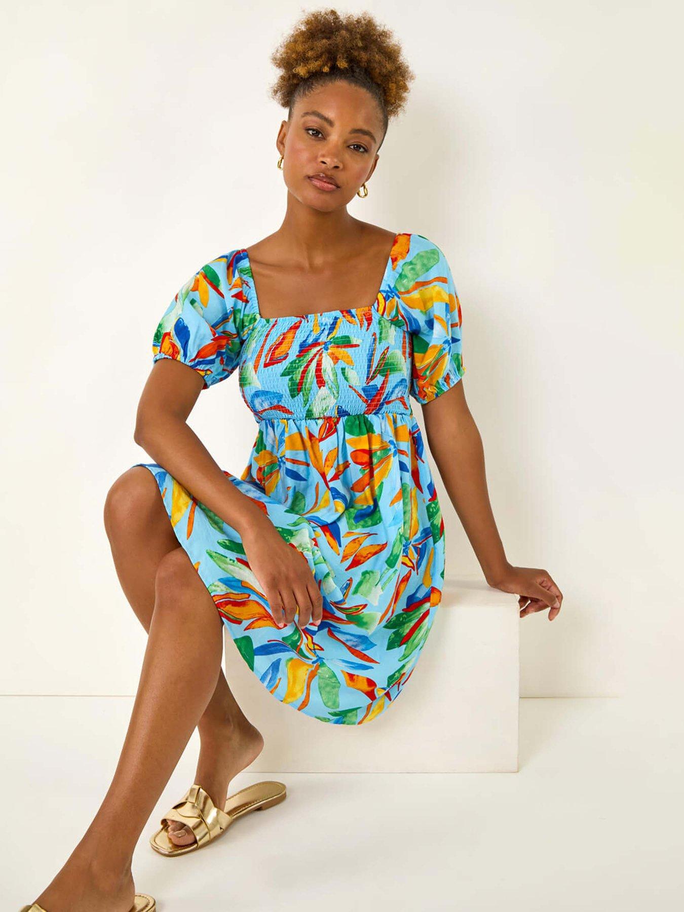 Image 4 of 5 of Roman Leaf Print Shirred Short Dress - Light Blue