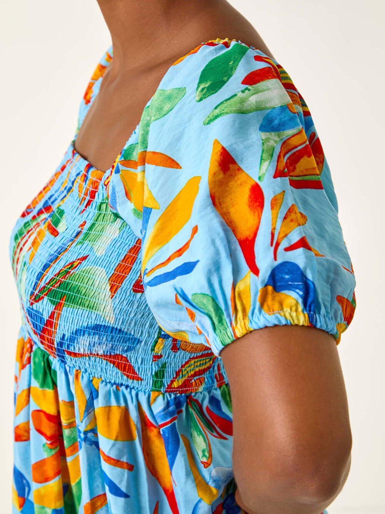Image 5 of 5 of Roman Leaf Print Shirred Short Dress - Light Blue