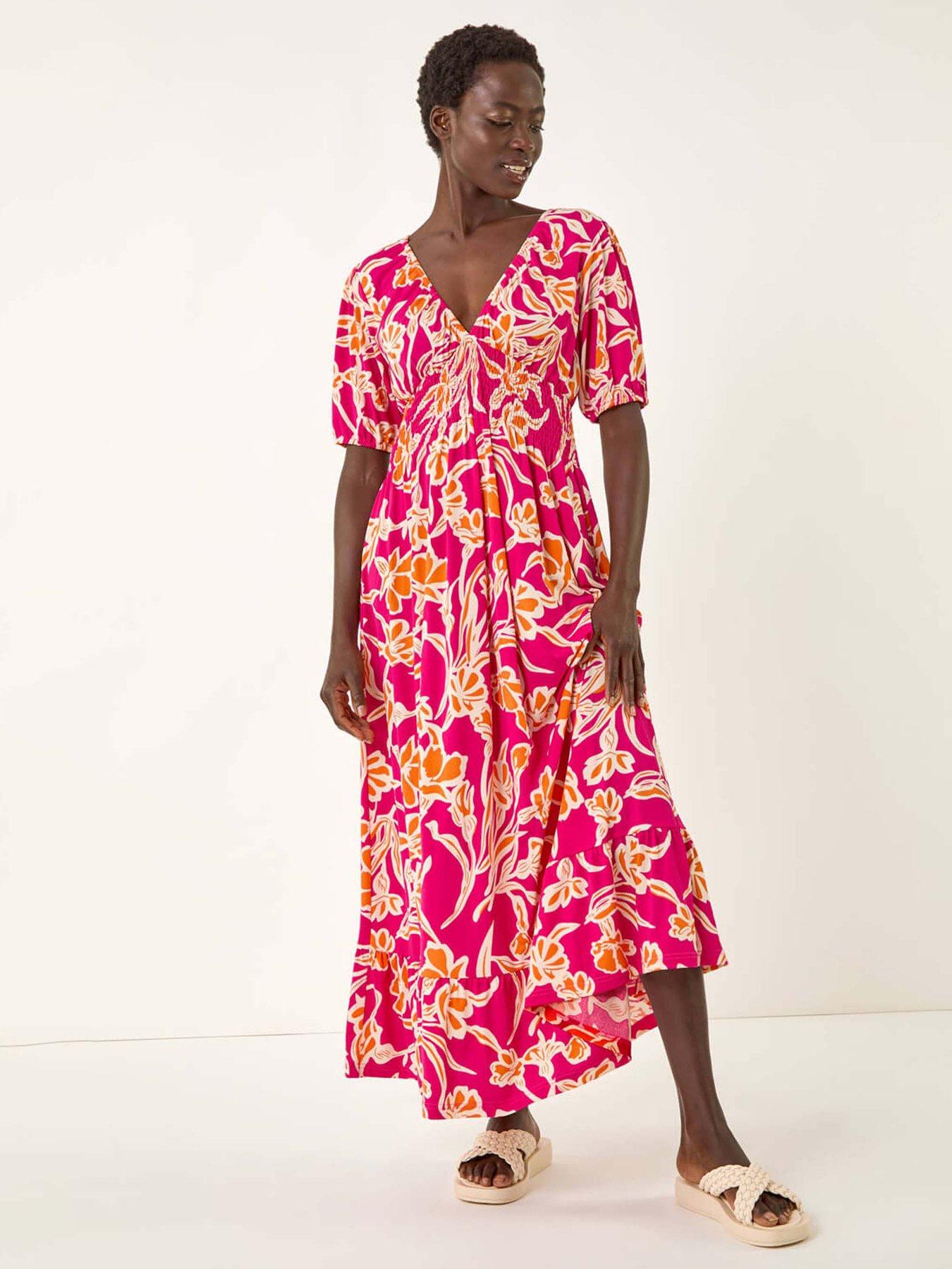undefined Floral V-neck Shirred Midi Dress - Pink