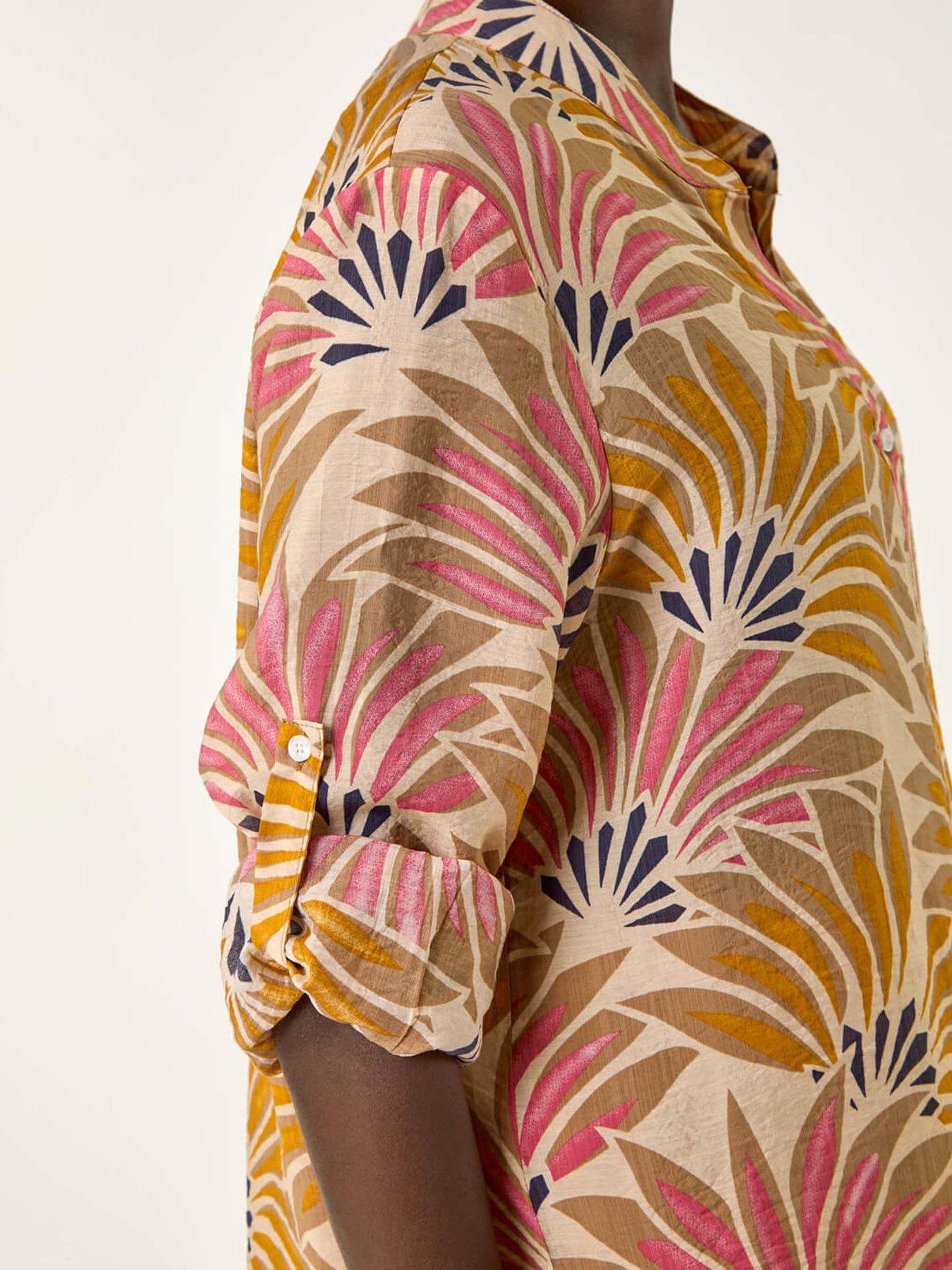 Roman Fan Print Longline Button Blouse - Stone | Very