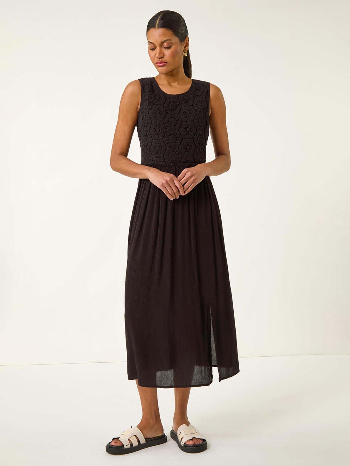 undefined Crochet Bodice Midi Dress - Black