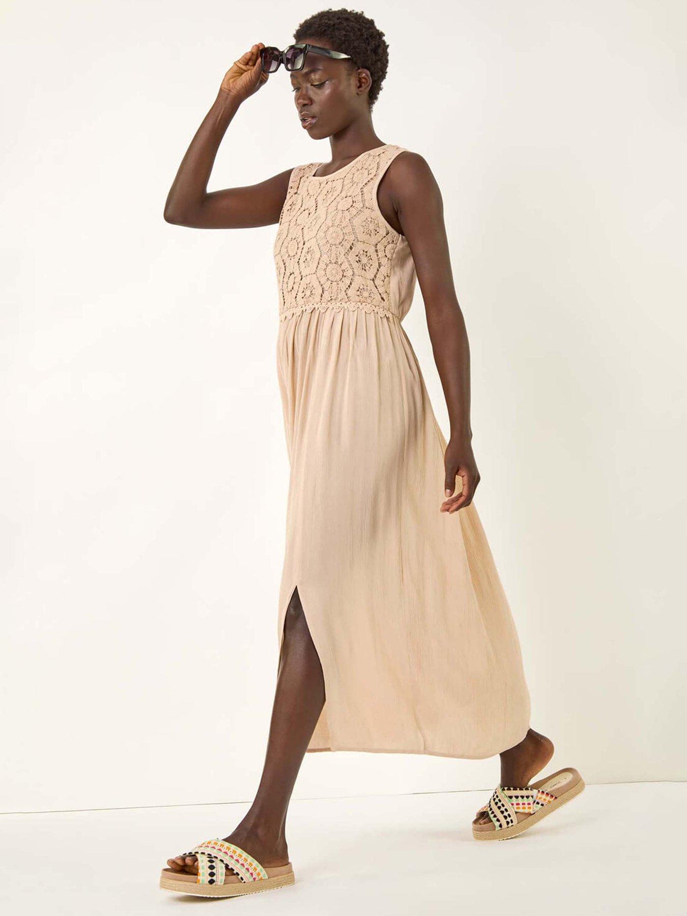 undefined Crochet Bodice Midi Dress - Stone