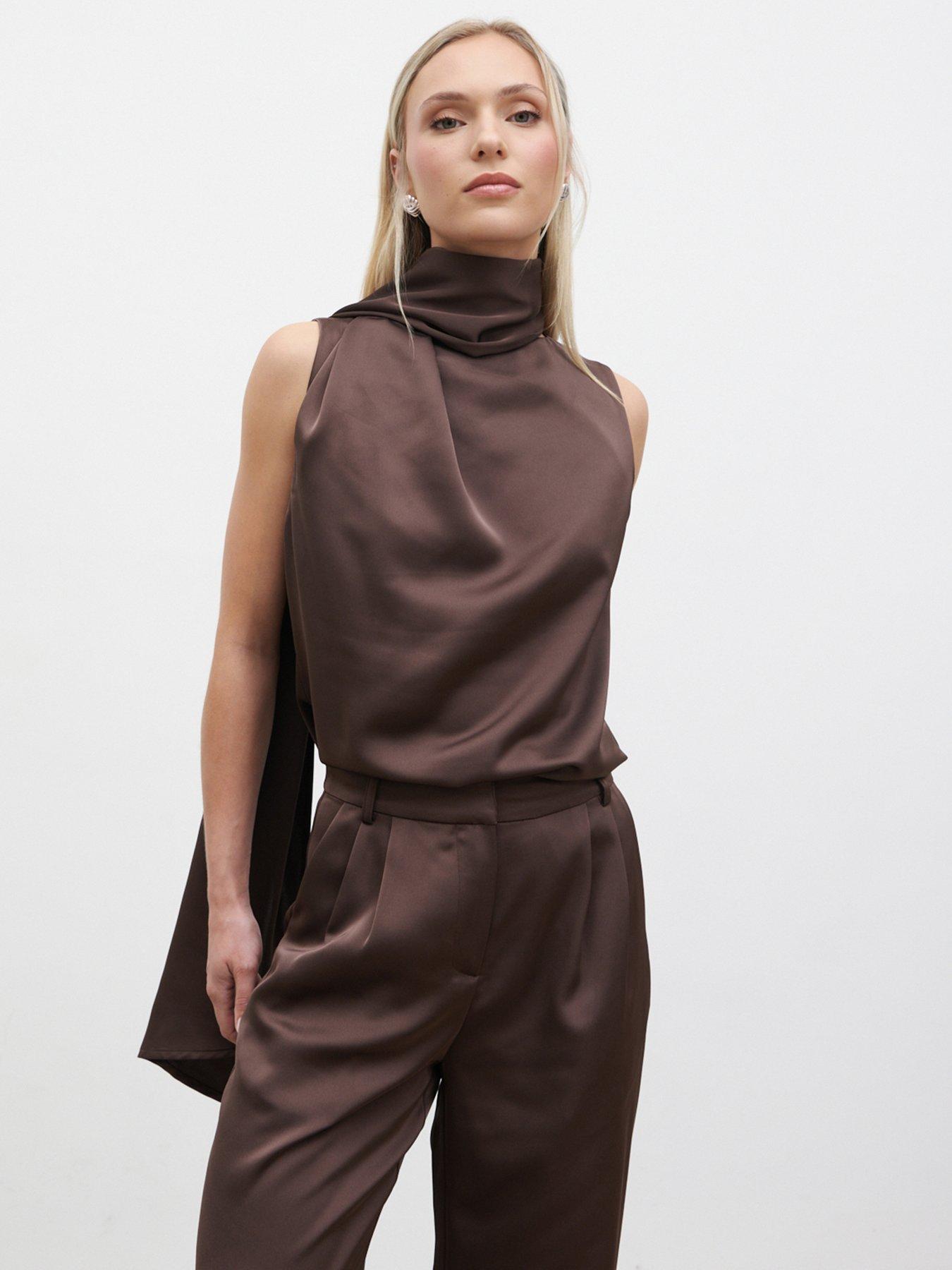 Pretty Lavish Breya Scarf Satin Top - Brown