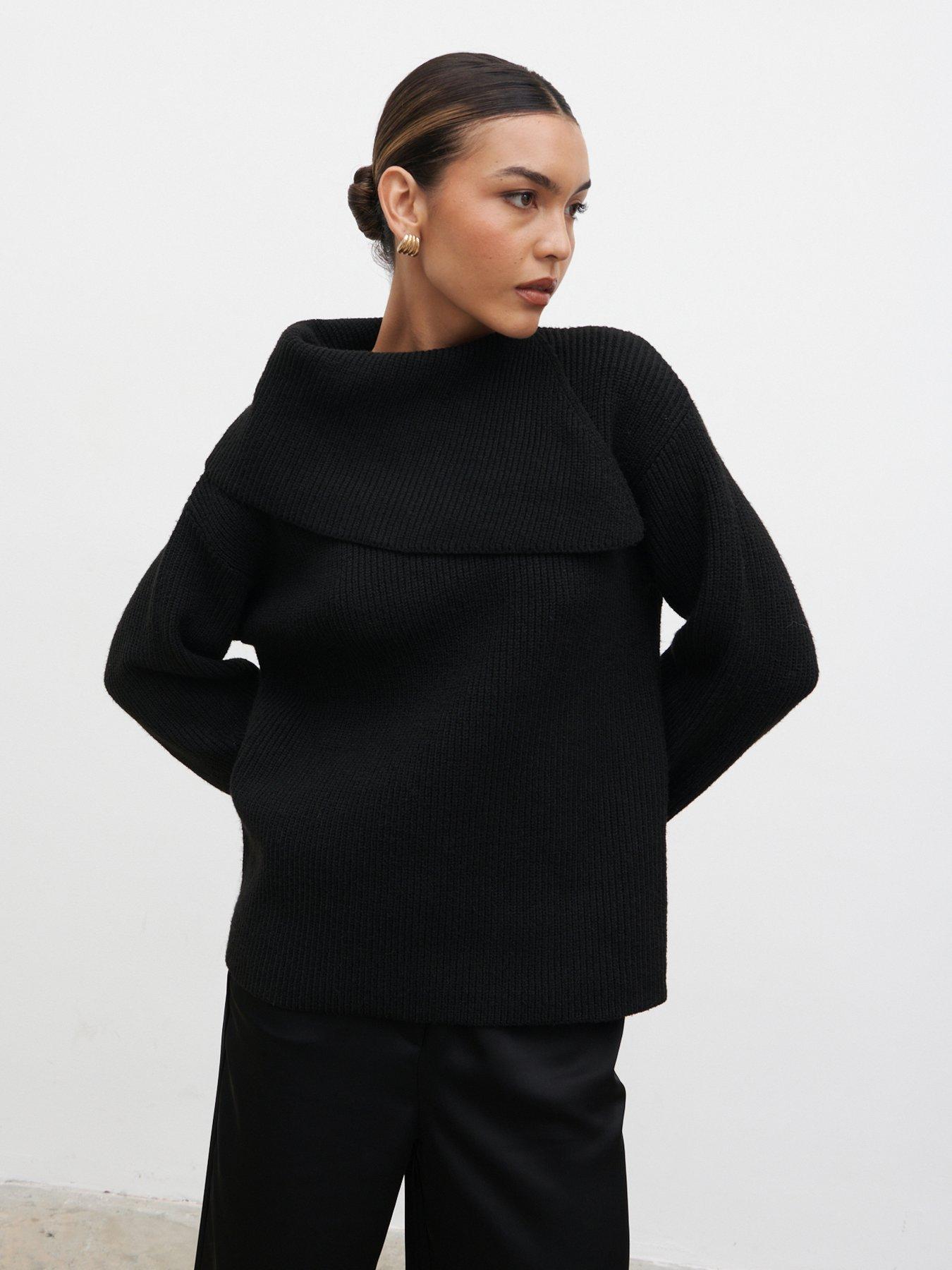 Pretty Lavish Cassandra Split Collar Knit Jumper - Black