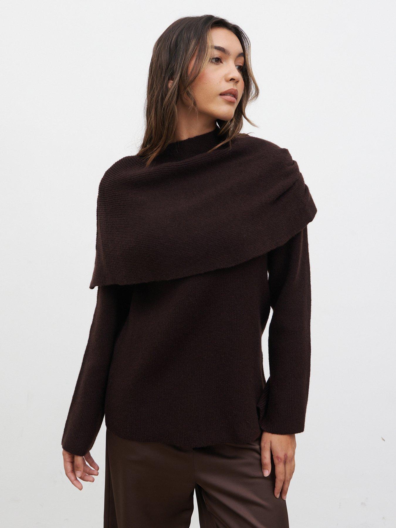 Pretty Lavish Tarla Exaggerated Collar Knit Top - Brown