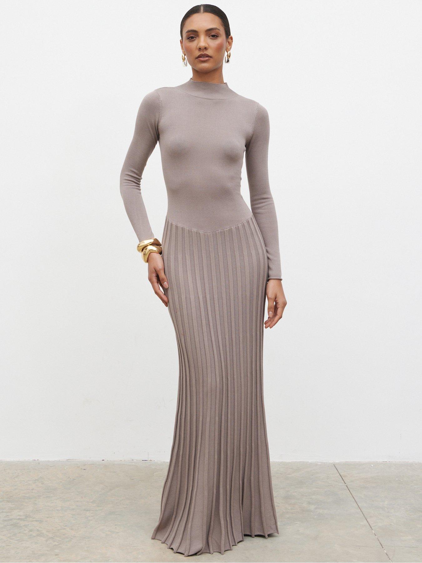 Pretty Lavish Gloria Fine Knit Pleated Maxi Dress - Brown