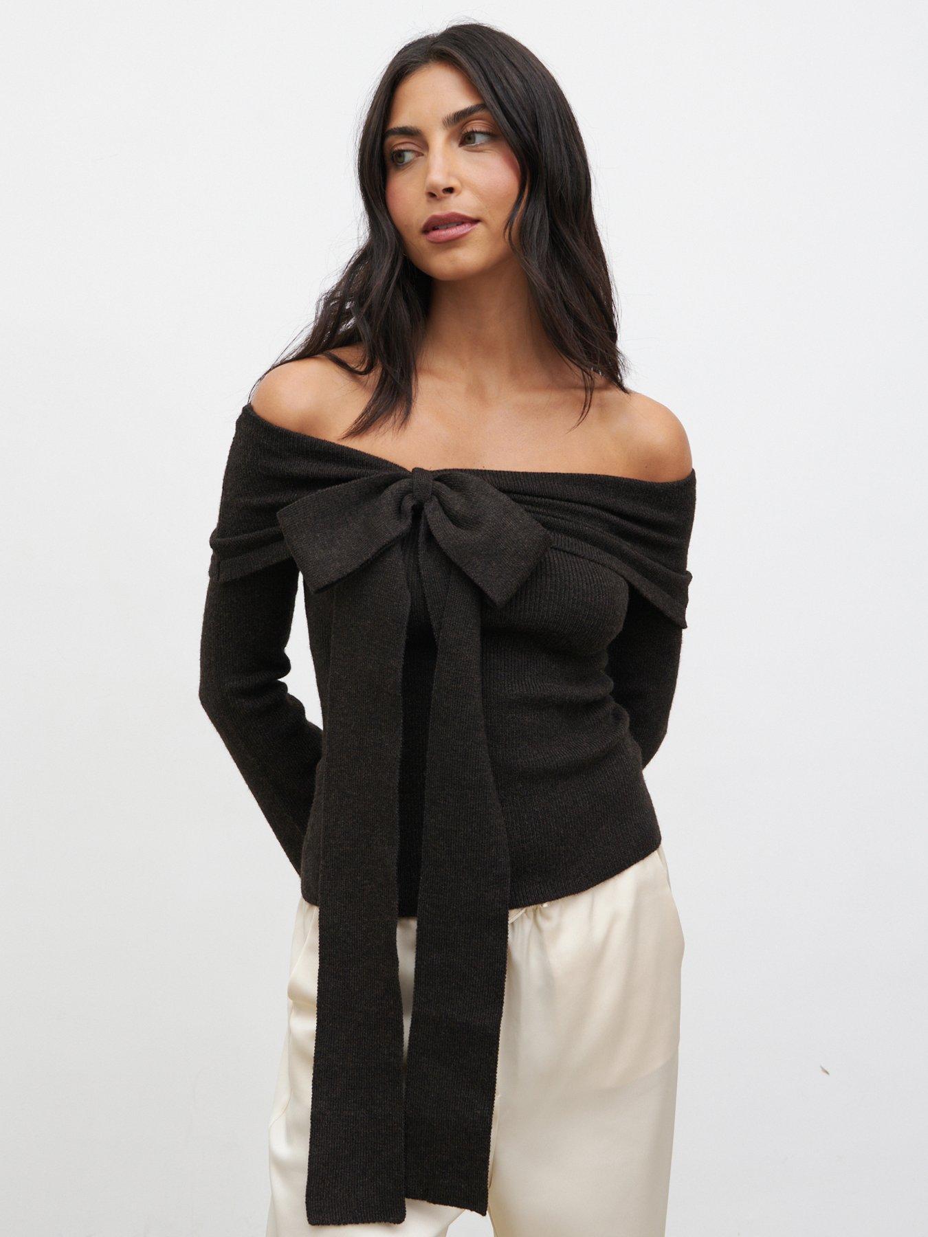 Pretty Lavish Tilda Bardot Bow Knit Top - Brown