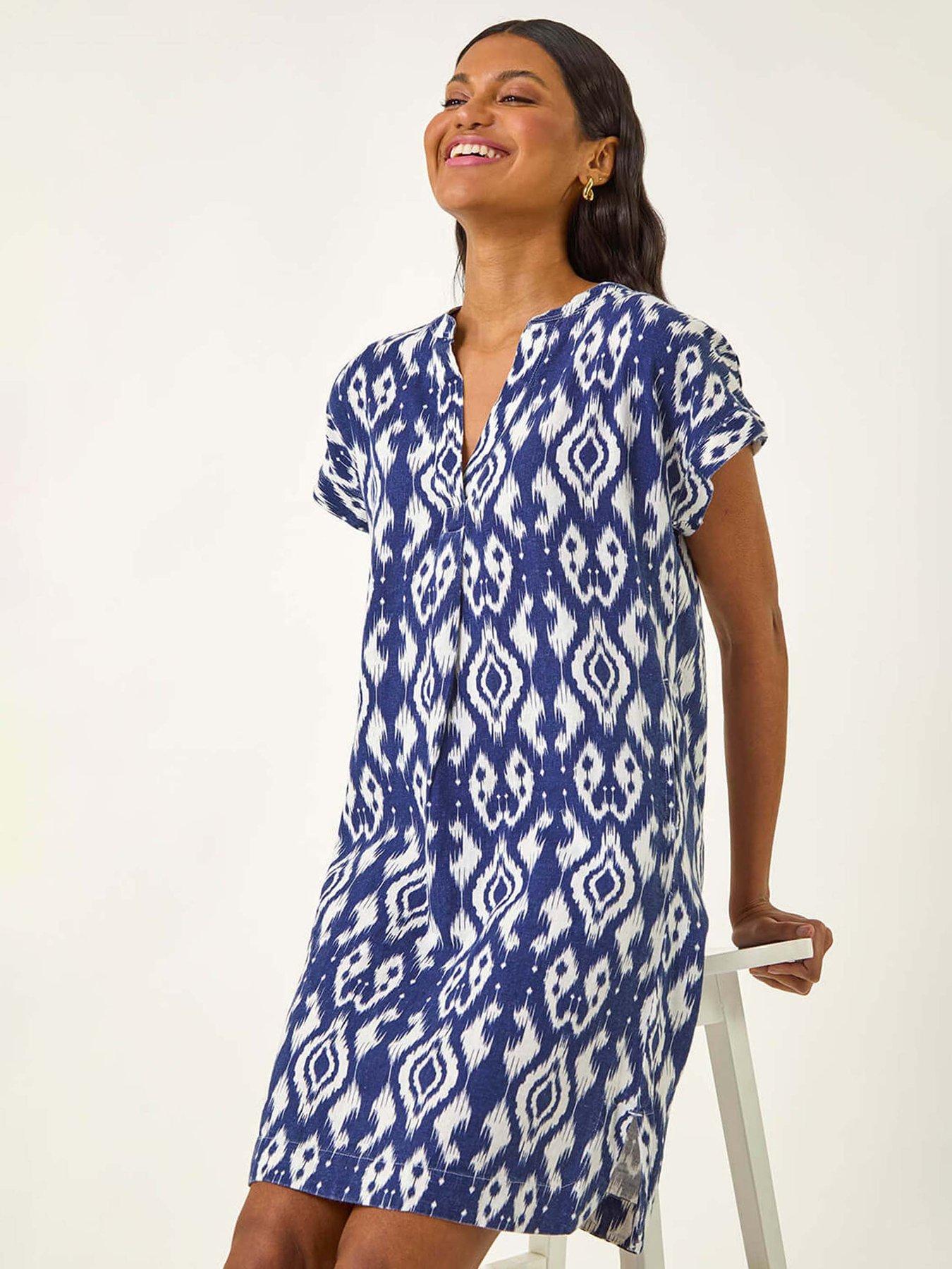 Roman Aztec Print Linen Mix Shift Dress - Navy | Very