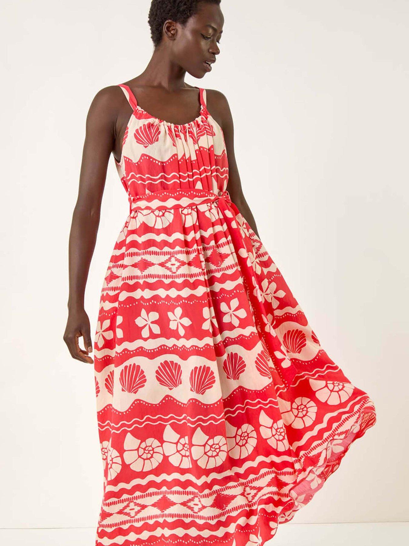Image 3 of 5 of Roman Shell Print Strap Maxi Dress - Red