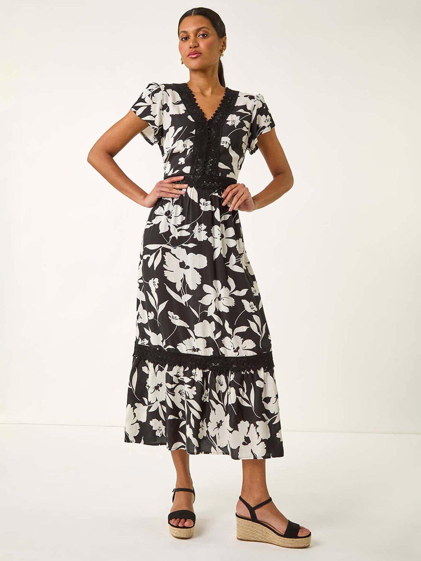 Roman Floral Print Lace Trim Midi Dress - Black | Very