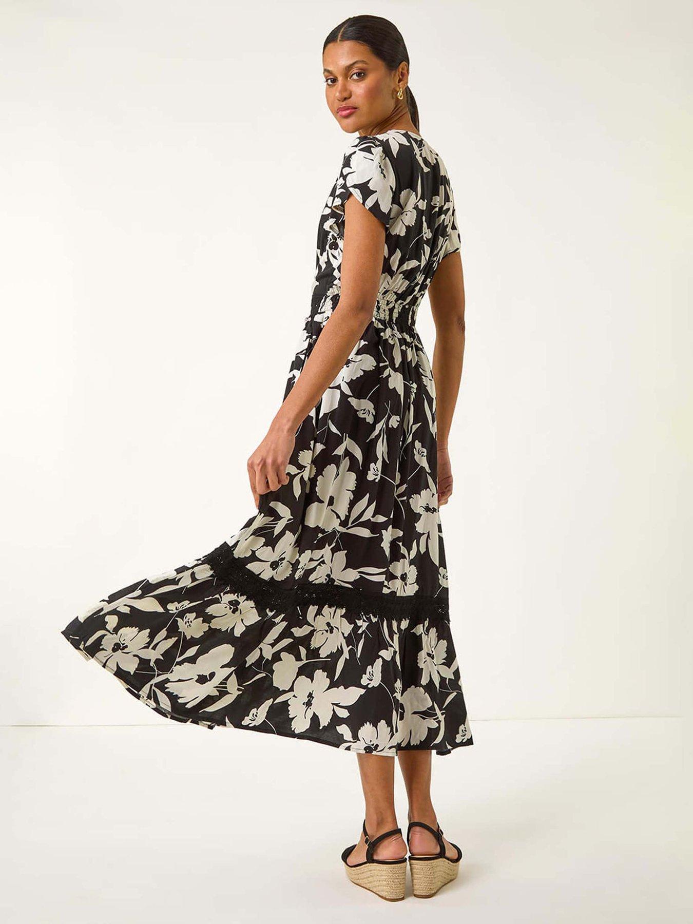 Roman Floral Print Lace Trim Midi Dress - Black | Very