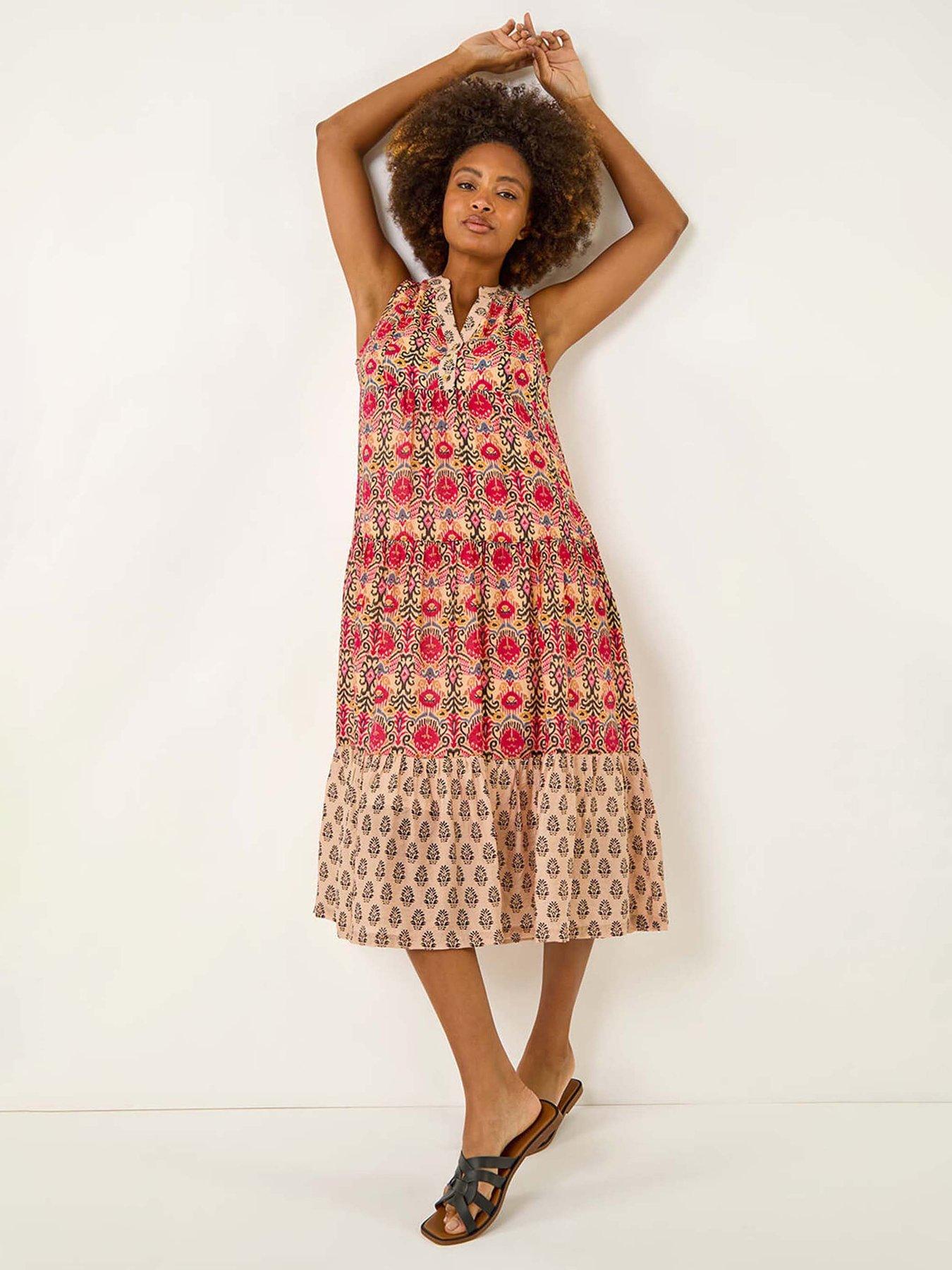 Roman Border Print Smock Dress - Red