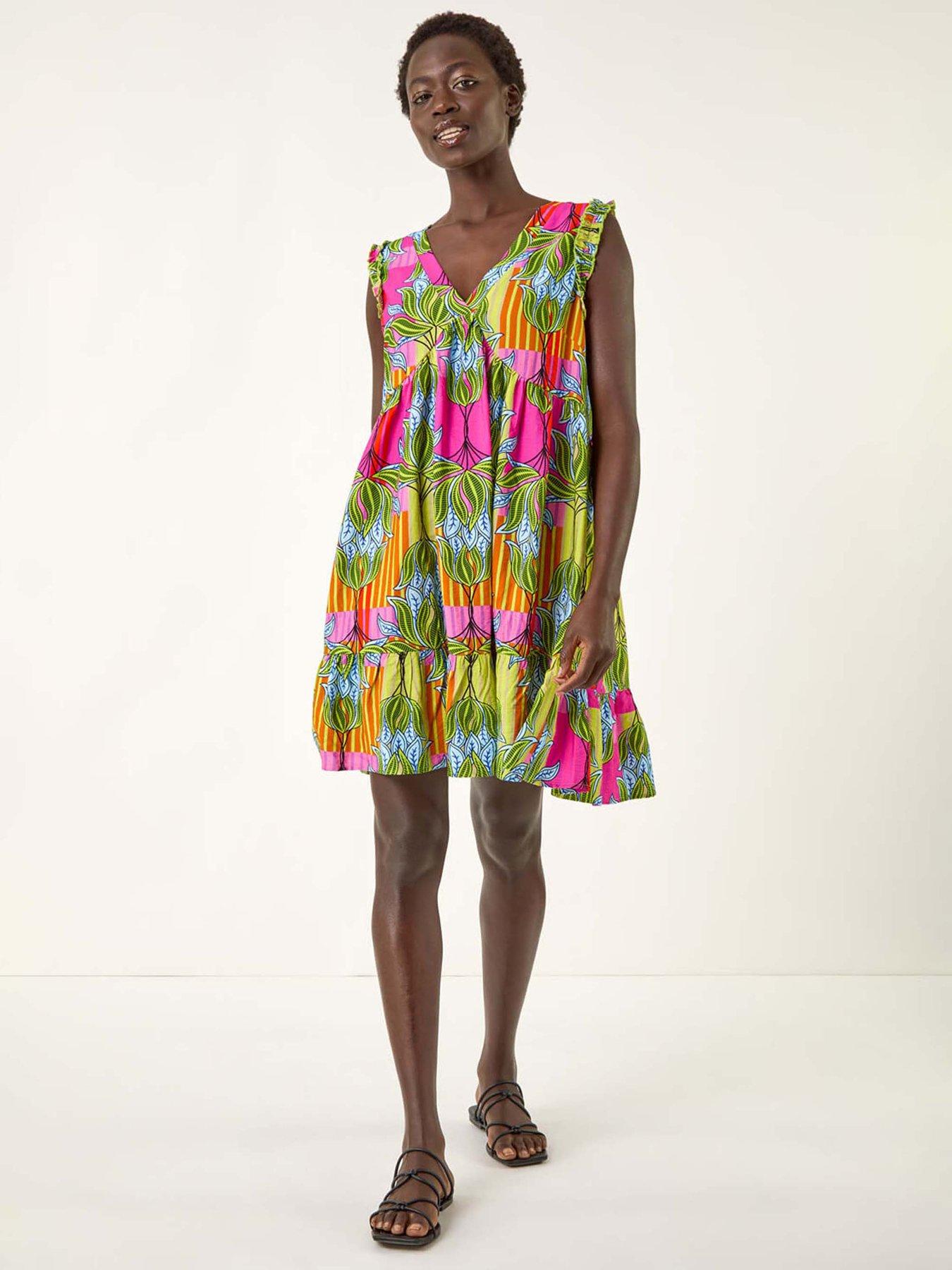 undefined Leaf Print Frilled Smock Dress - Fuchsia